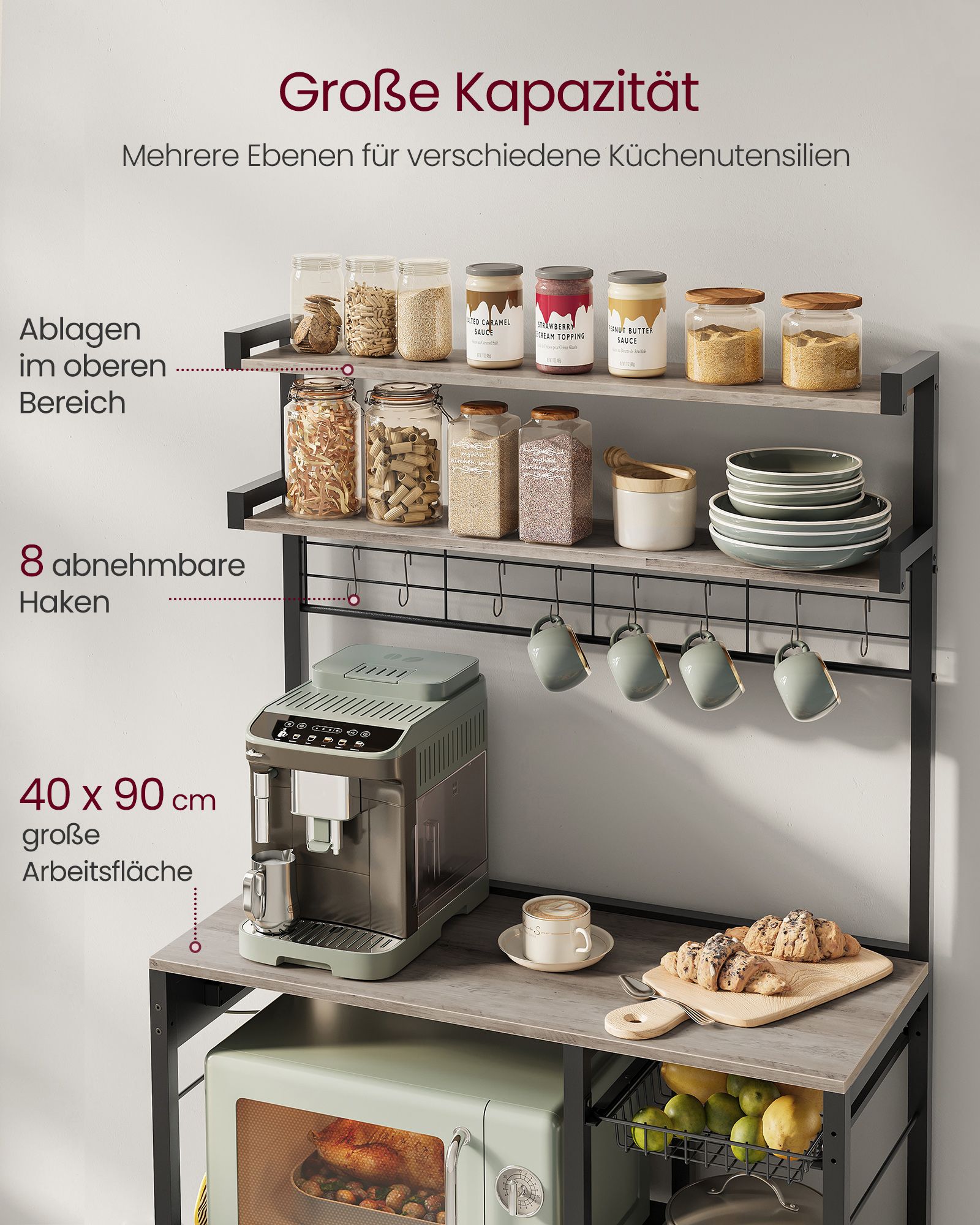 Virtuves plaukts ar kontaktligzdām un grozu, 40 x 90 x 165,5 cm, pelēkbrūns-melns - Image 6