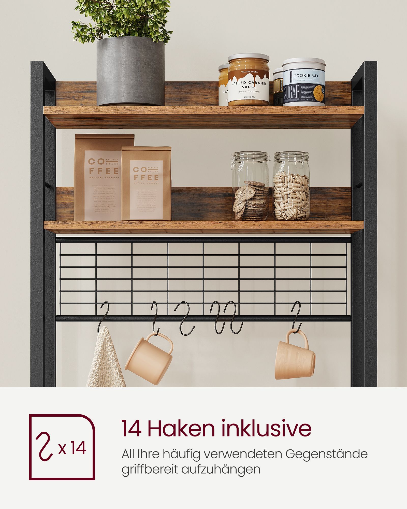 Virtuves plaukts mikroviļņu krāsnij, 40 x 60 x 170 cm, 6 plaukti, 6 āķi, brūns-melns - Image 8
