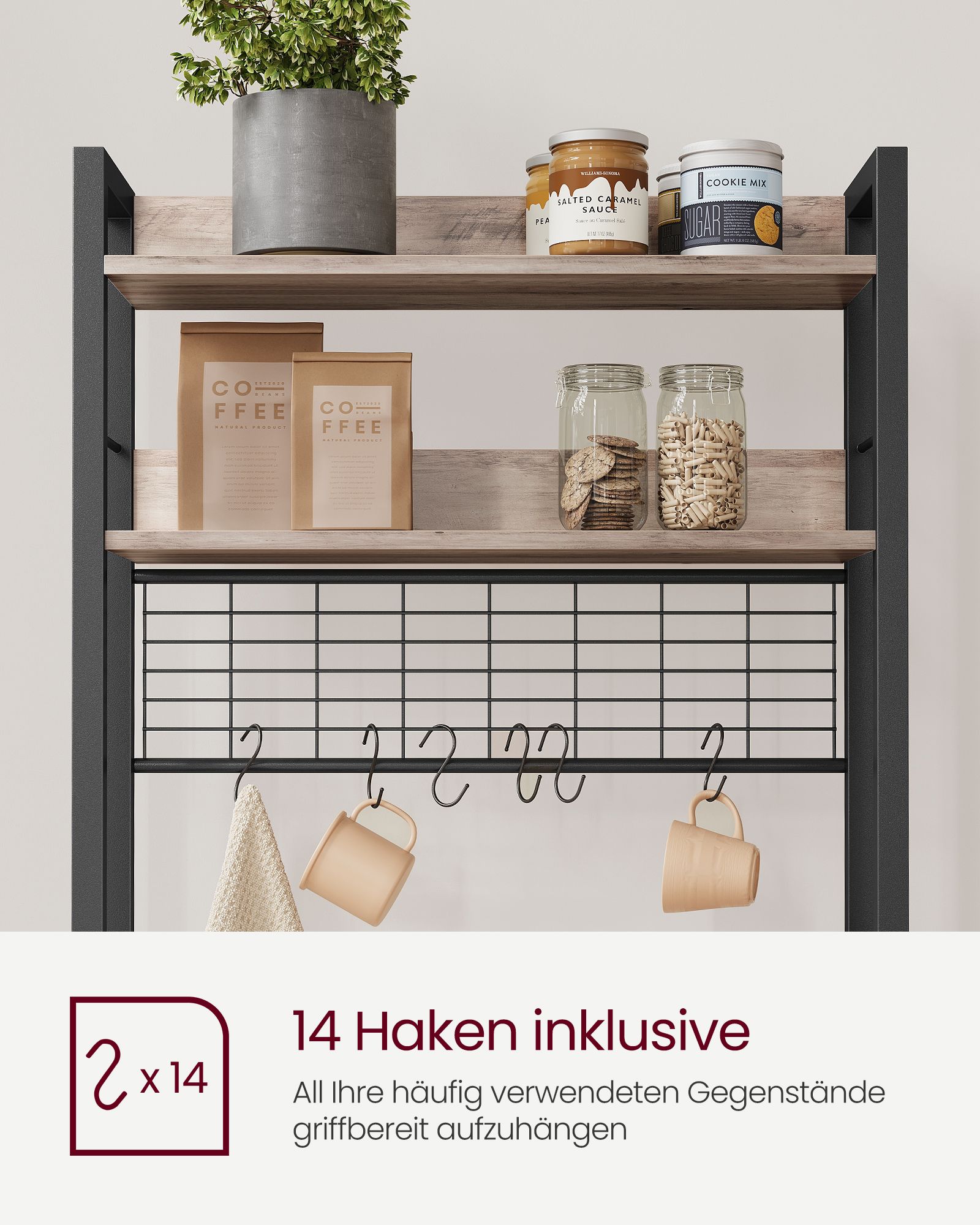 Virtuves plaukts mikroviļņu krāsnij, 40 x 60 x 170 cm, ar 6 plauktiem un 6 āķiem, pelēkbrūns-melns - Image 8