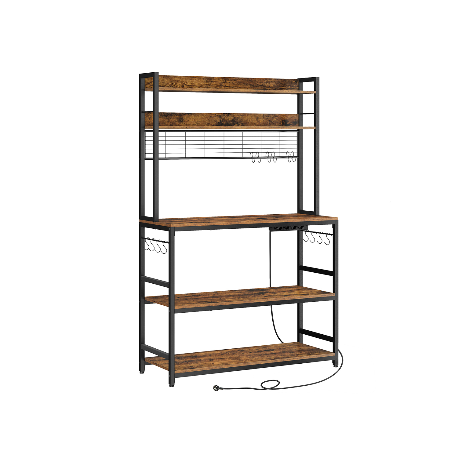 Virtuves plaukts ar režģa paneli, 14 āķi, 40 x 100 x 170 cm, brūns–melns