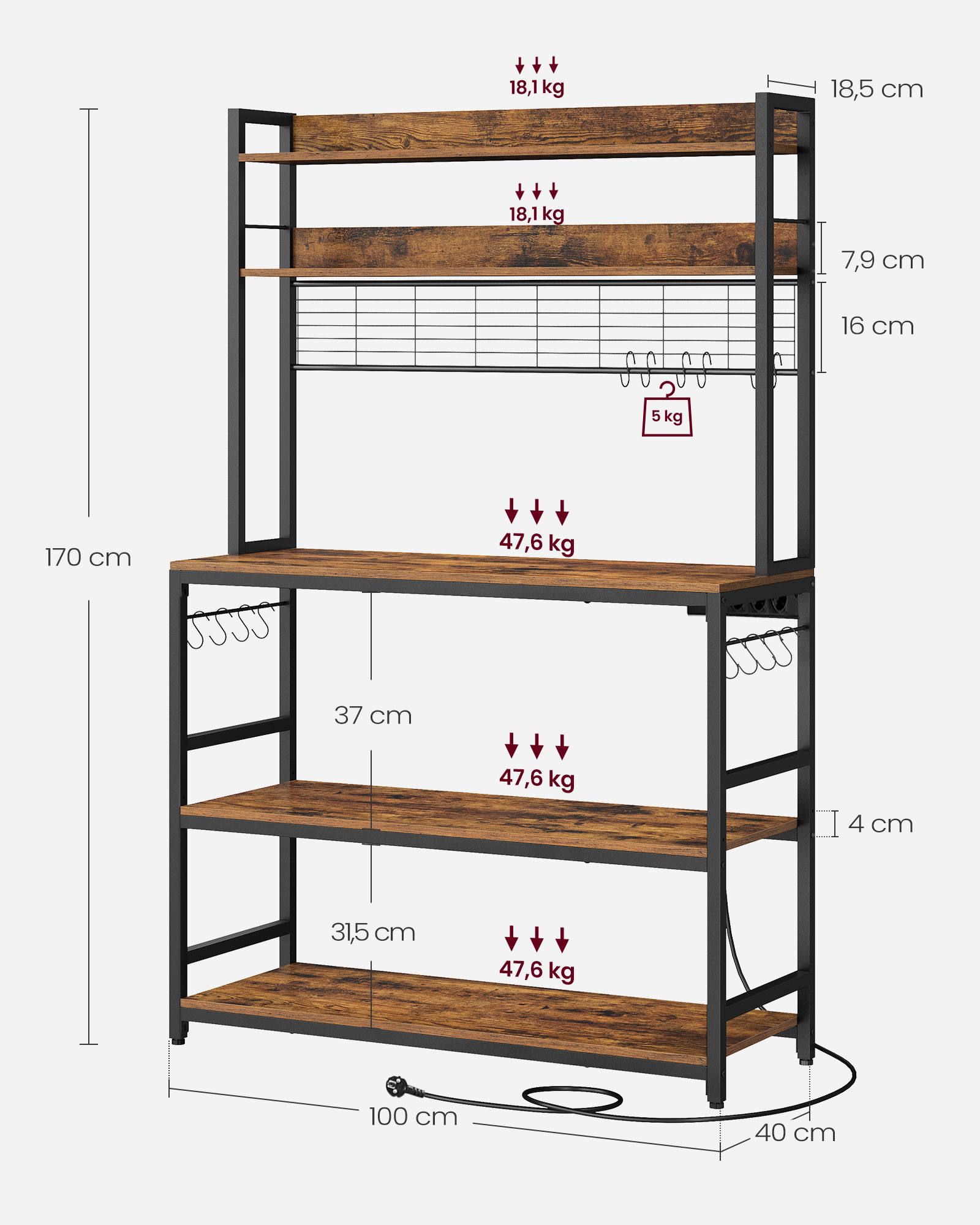 Virtuves plaukts ar režģa paneli, 14 āķi, 40 x 100 x 170 cm, brūns–melns - Image 7