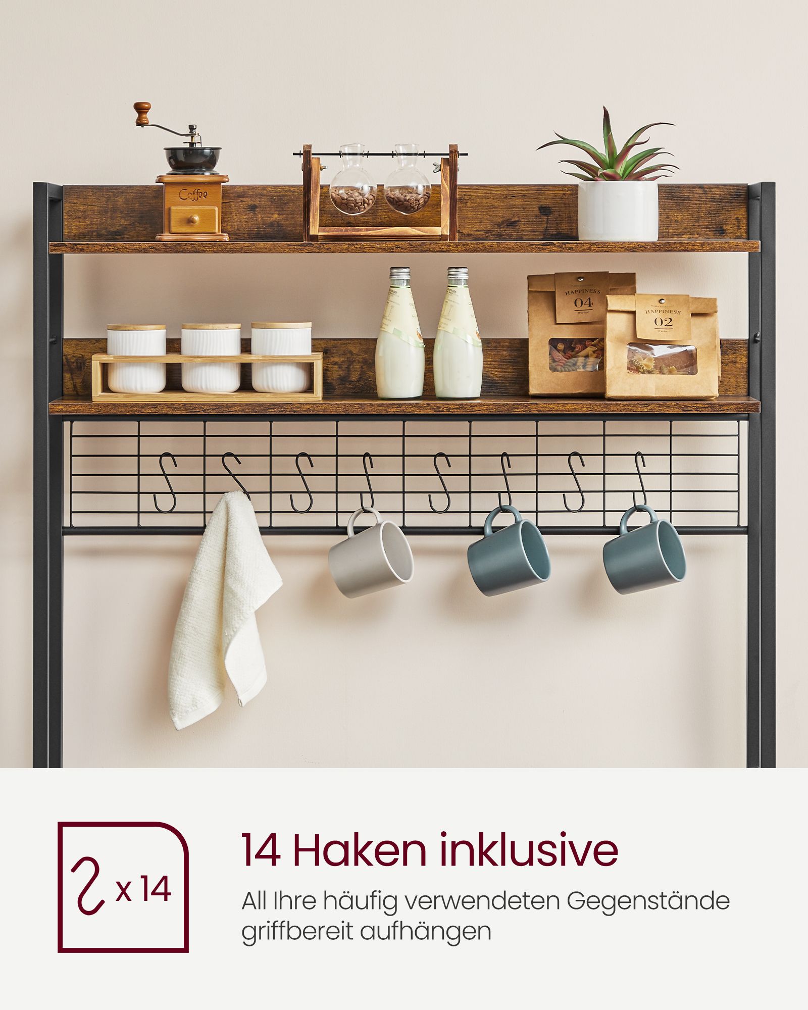 Virtuves plaukts ar režģa paneli, 14 āķi, 40 x 100 x 170 cm, brūns–melns - Image 8