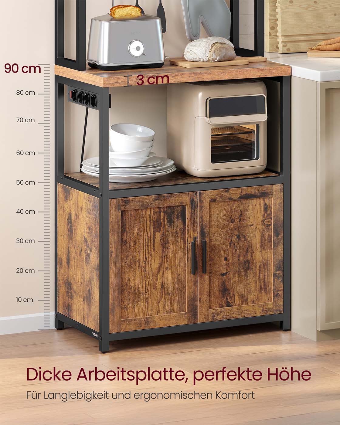 Keittiöhylly kaapilla, 8 koukulla ja pistorasioilla, 40 x 60 x 170 cm, ruskea/musta - Image 4