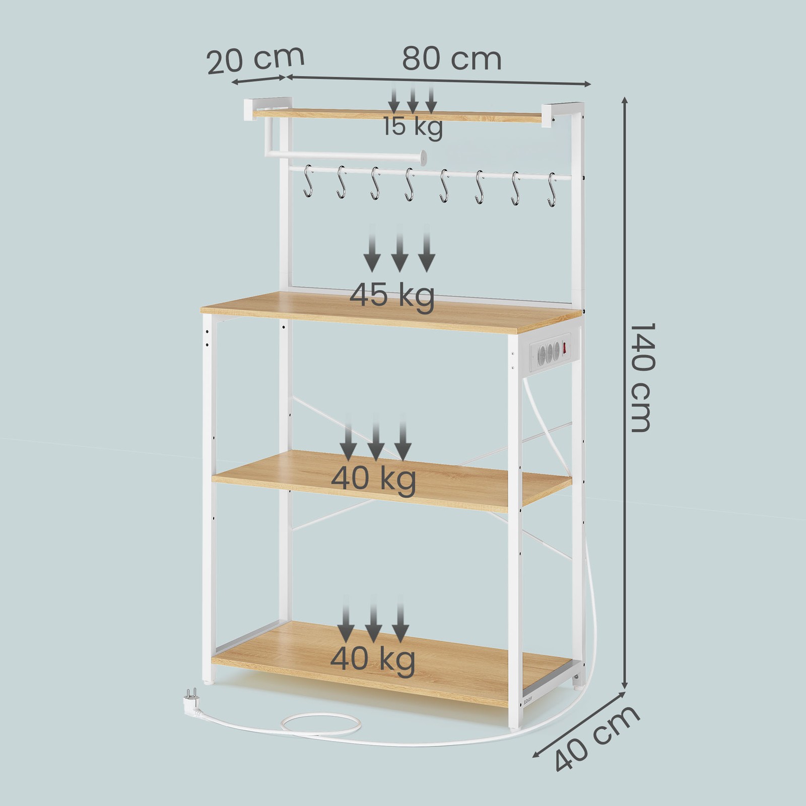 Pastatoma virtuvės lentyna su 4 lygiais, 80 x 40 x 140 cm, medžio drožlių plokštė ir plienas - Image 8