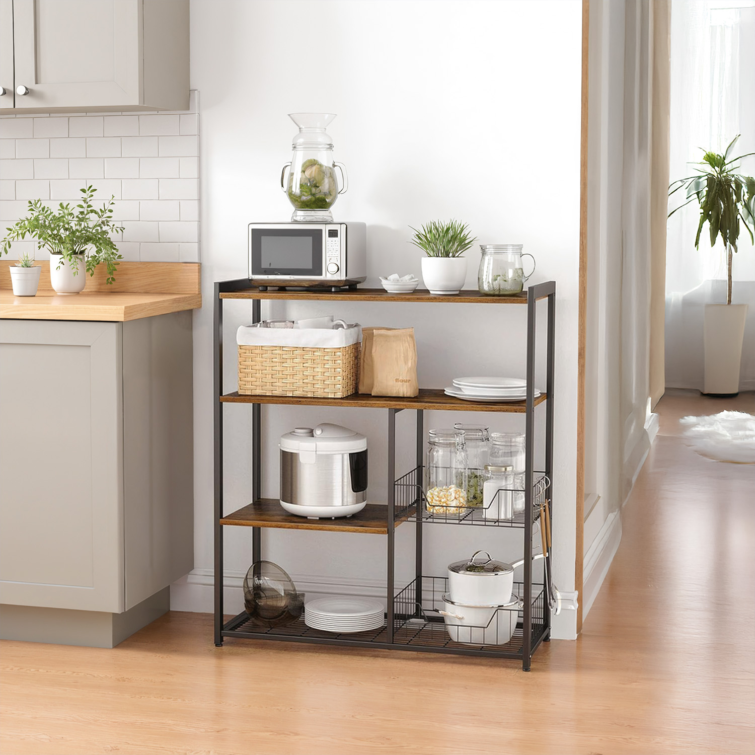 Keittiöhylly koukuilla ja 2 metallikorilla, 80 x 35 x 95 cm, tummanruskea