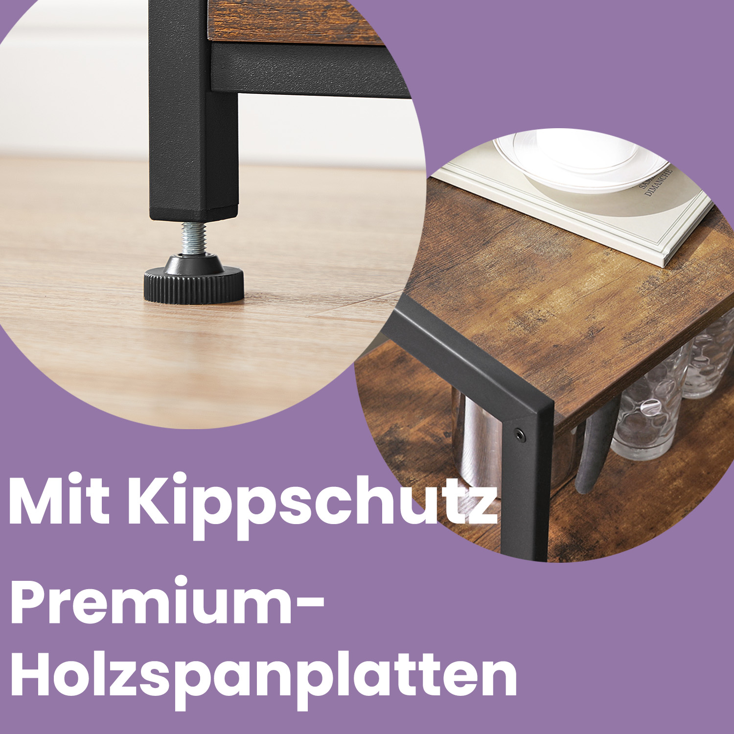 Keittiöhylly koukuilla ja 2 metallikorilla, 80 x 35 x 95 cm, tummanruskea - Image 4