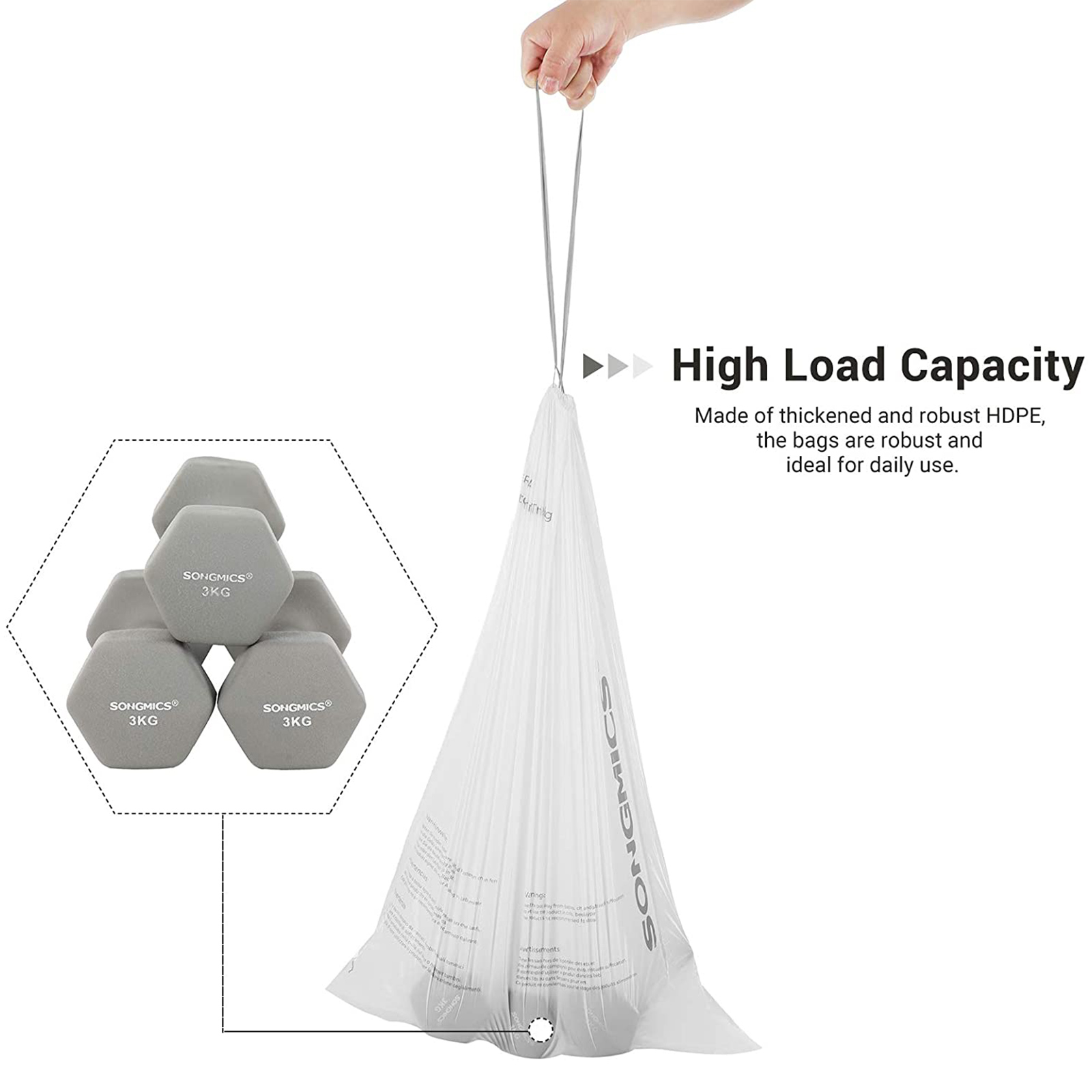 Maišeliai šiukšlėms su užtraukiama juosta, 30 l, 45 vnt., balti, HDPE, 52 x 74 cm - Image 5