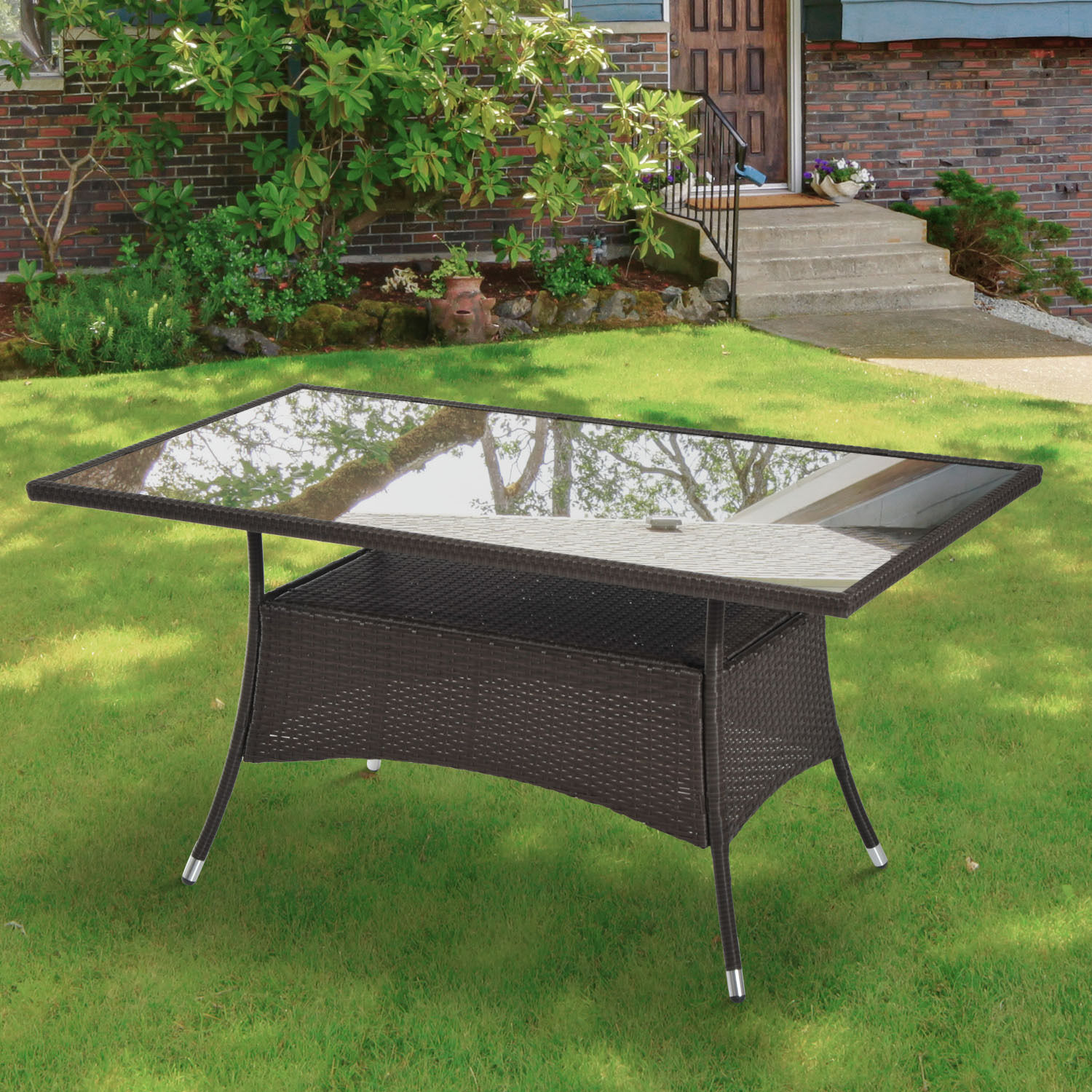 Sodo valgomojo stalas, poliratano, saugumo stiklas, rudas / juodas, 150 x 85 x 74 cm - Image 2
