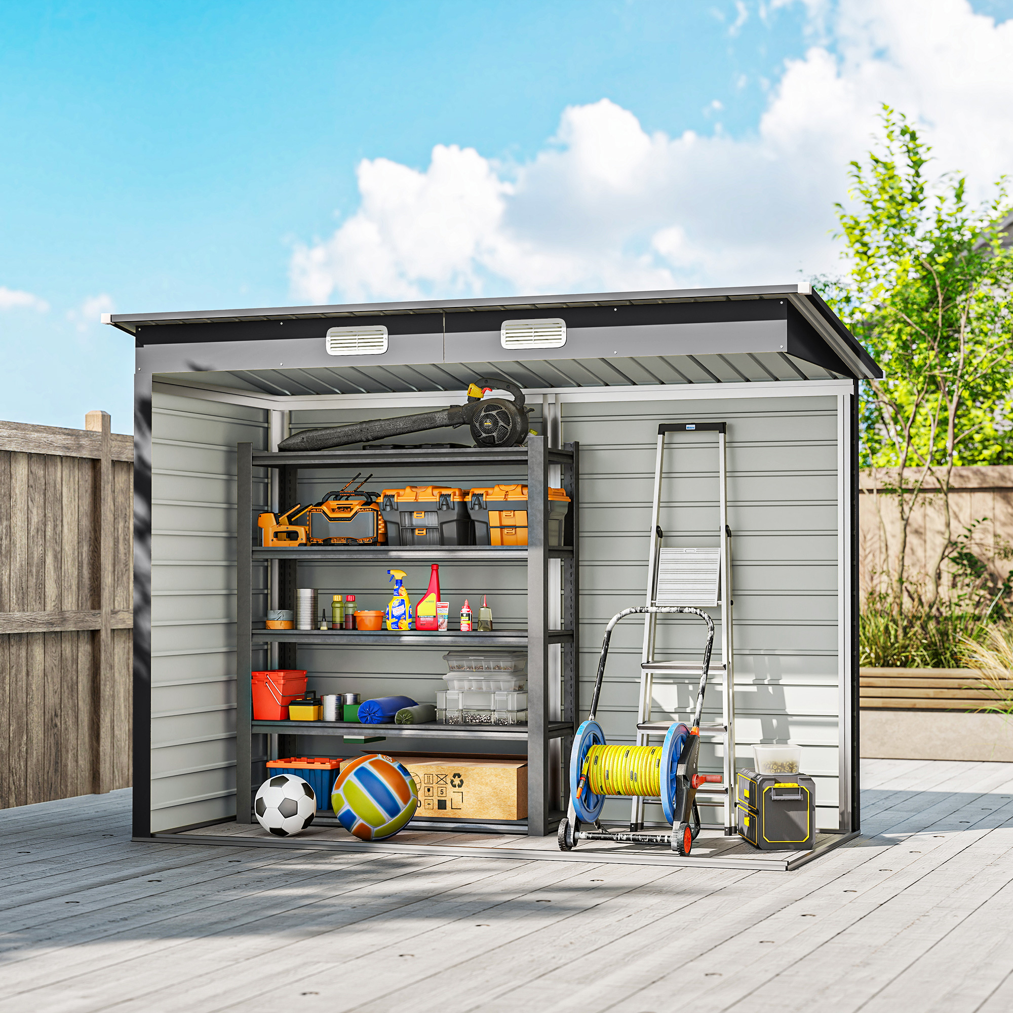 Metallinen puutarhavaja kaksinkertaisilla ovilla, harmaa, 249 x 121 x 166/183 cm - Image 8