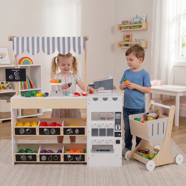 Vaikų Parduotuvė Medinis Žaidimų Komplektas Su Vežimėliu - Image 3