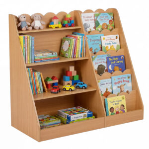 Montessori bērnu grāmatu plaukts ar 5 viļņainām līmeņiem un 4 atvērtām plauktiem, MDF, dabīgs