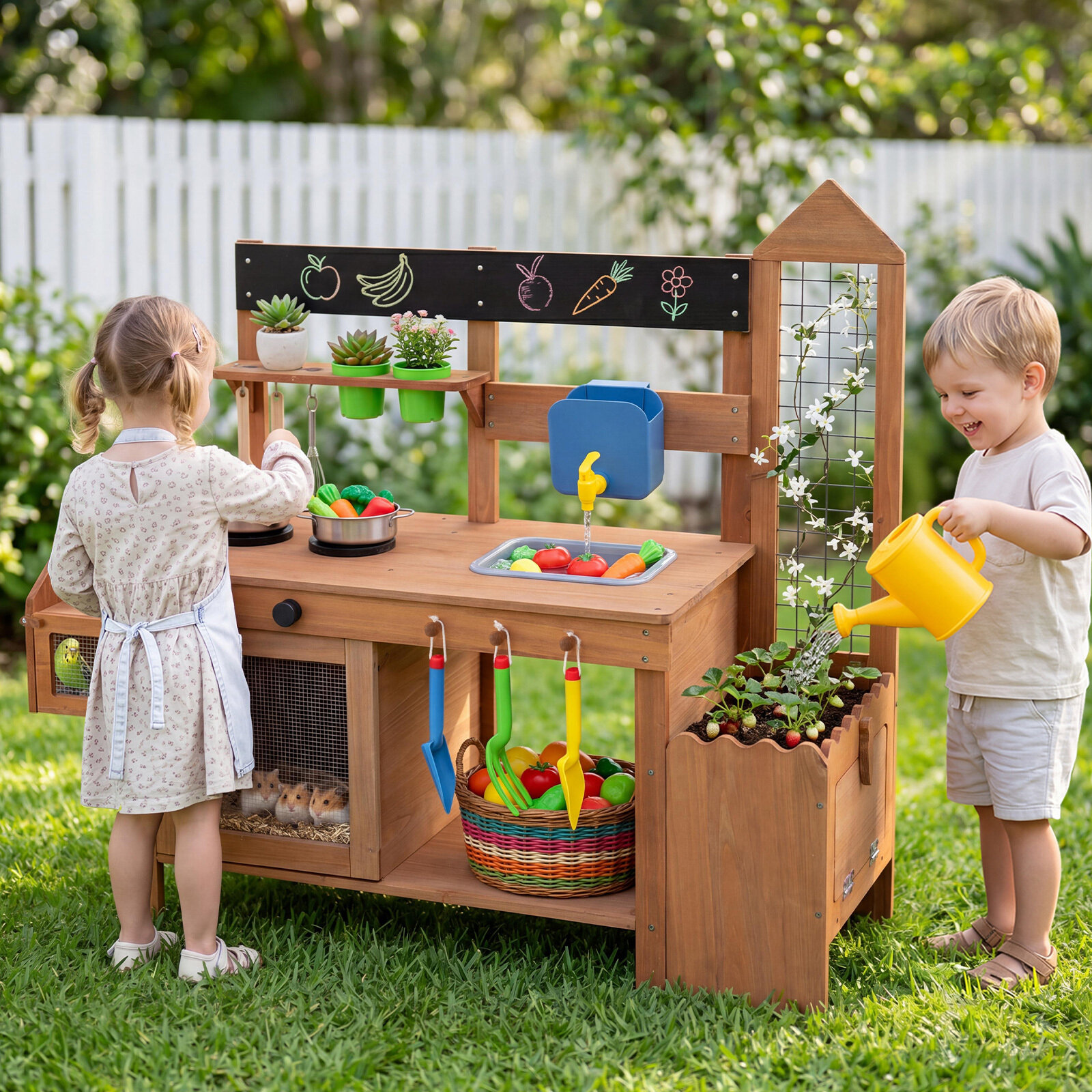 Puidust mud kitchen lastele istutuskasti ja valamuga, naturaalne