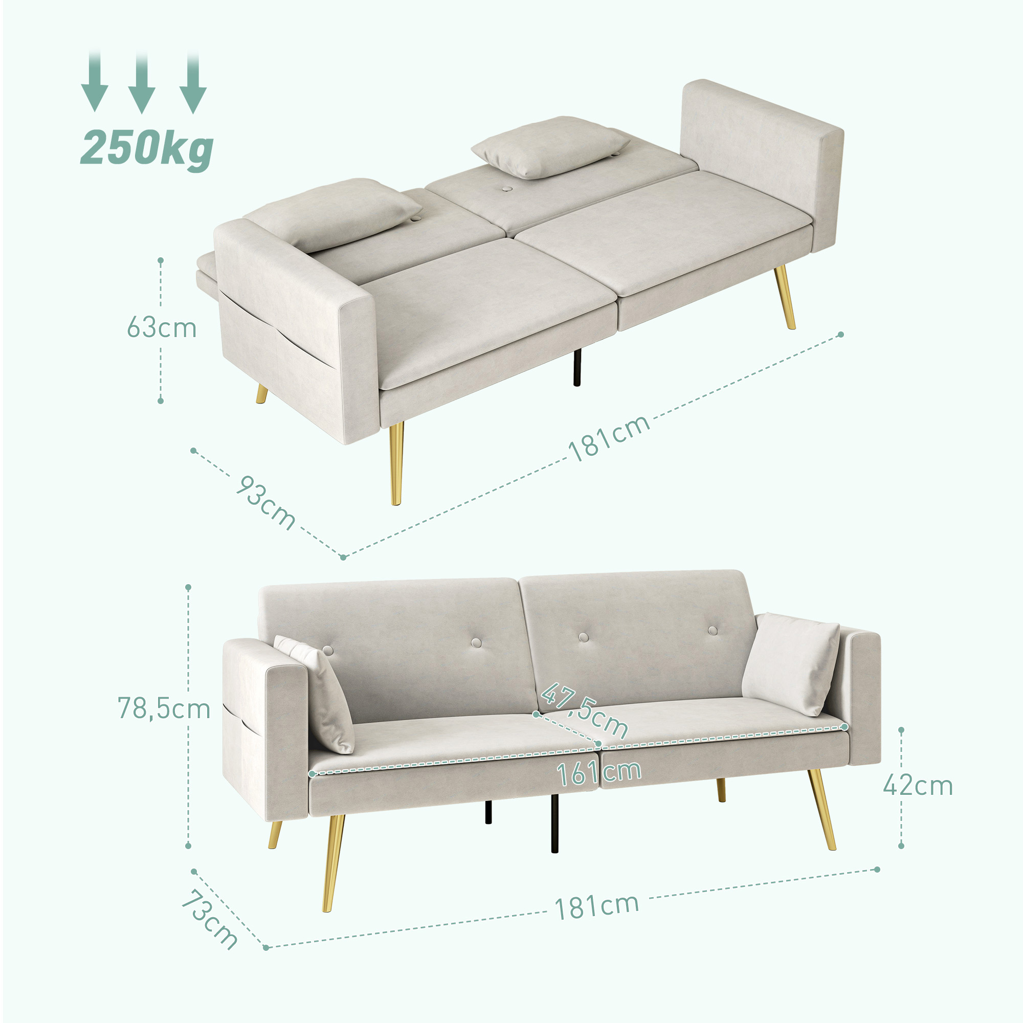 2 vietu sofa-guļamā gulta, regulējama atzveltne, smilškrāsas, 181 x 73 x 78,5 cm - Image 3