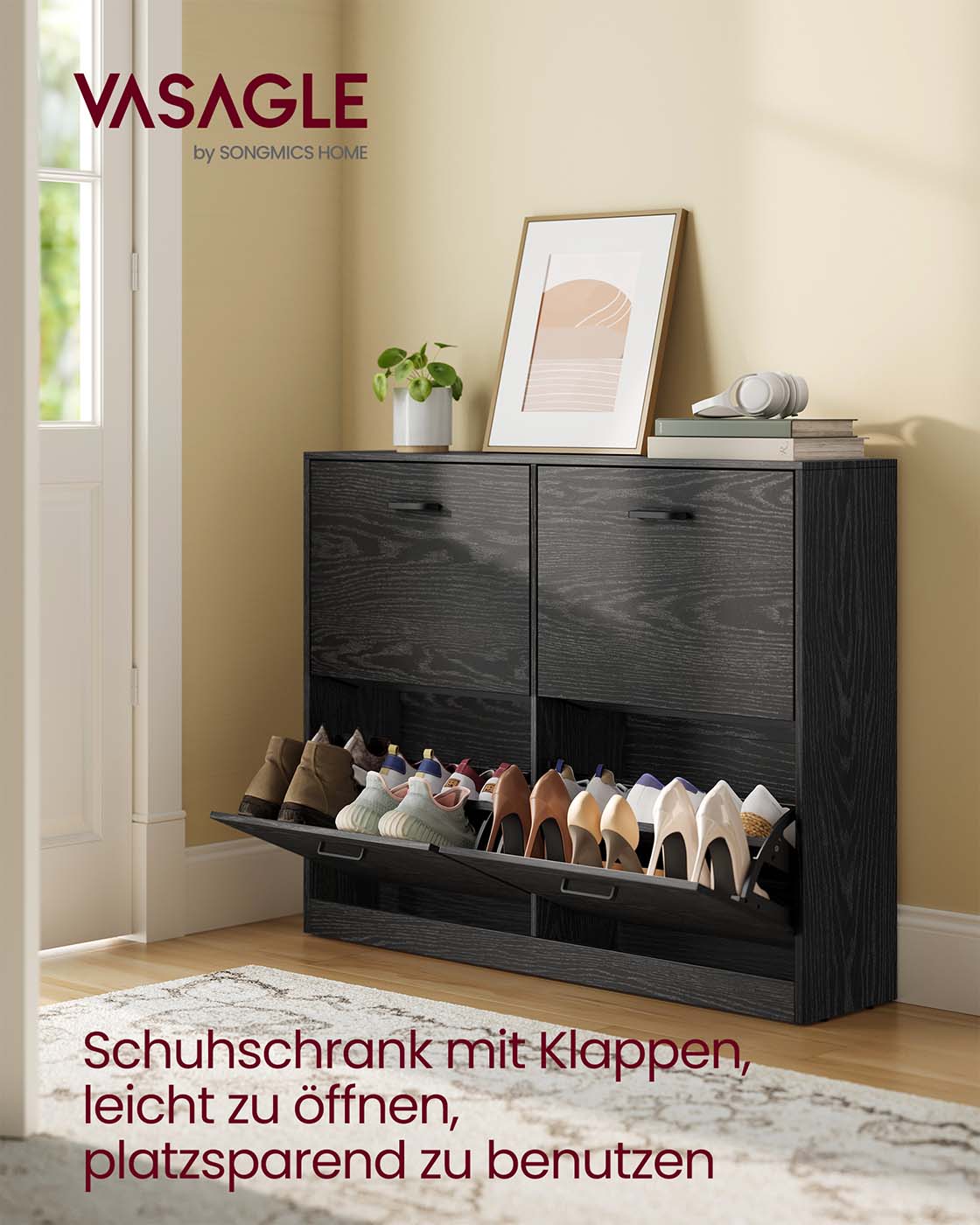 Apavu skapis ar 4 atlokiem, regulējamu starpsienu, melns, 24 x 105,5 x 82,7 cm - Image 2