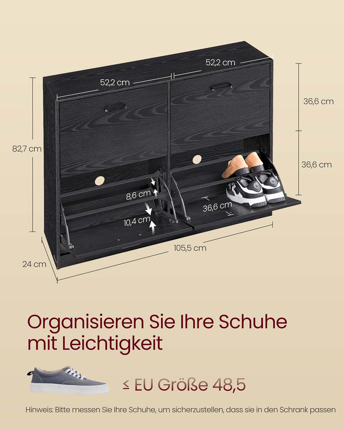 Apavu skapis ar 4 atlokiem, regulējamu starpsienu, melns, 24 x 105,5 x 82,7 cm - Image 6
