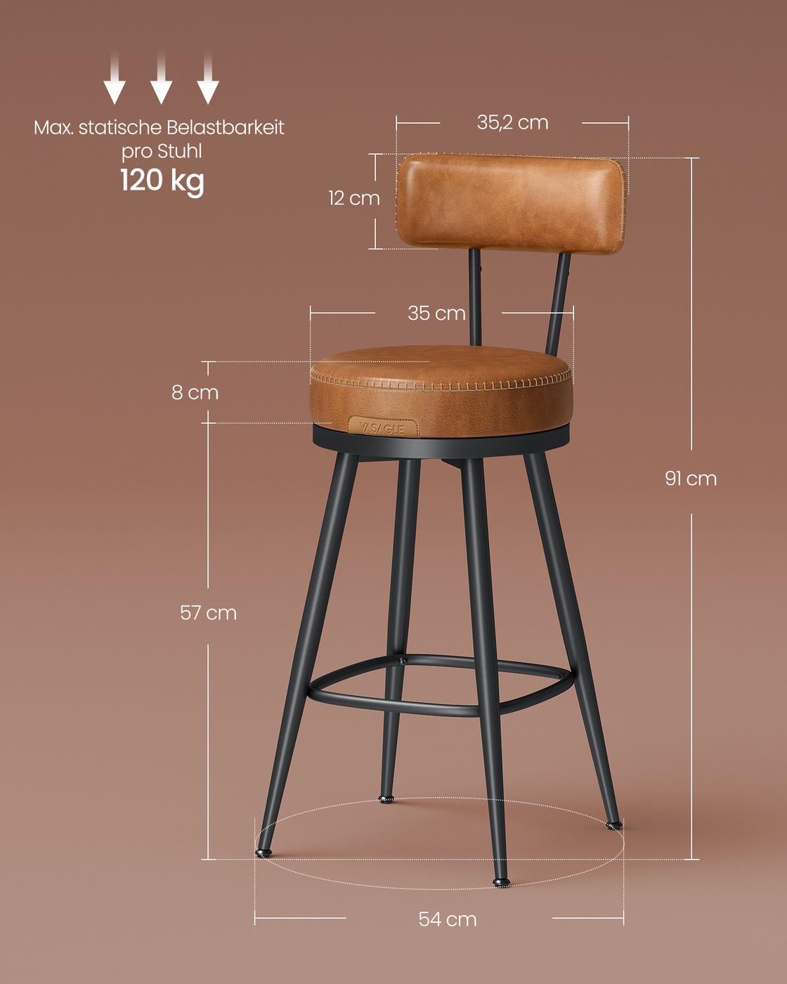Bāra krēslu komplekts, 2 gab., karameļbrūns, mākslīgā āda, 65 cm - Image 8