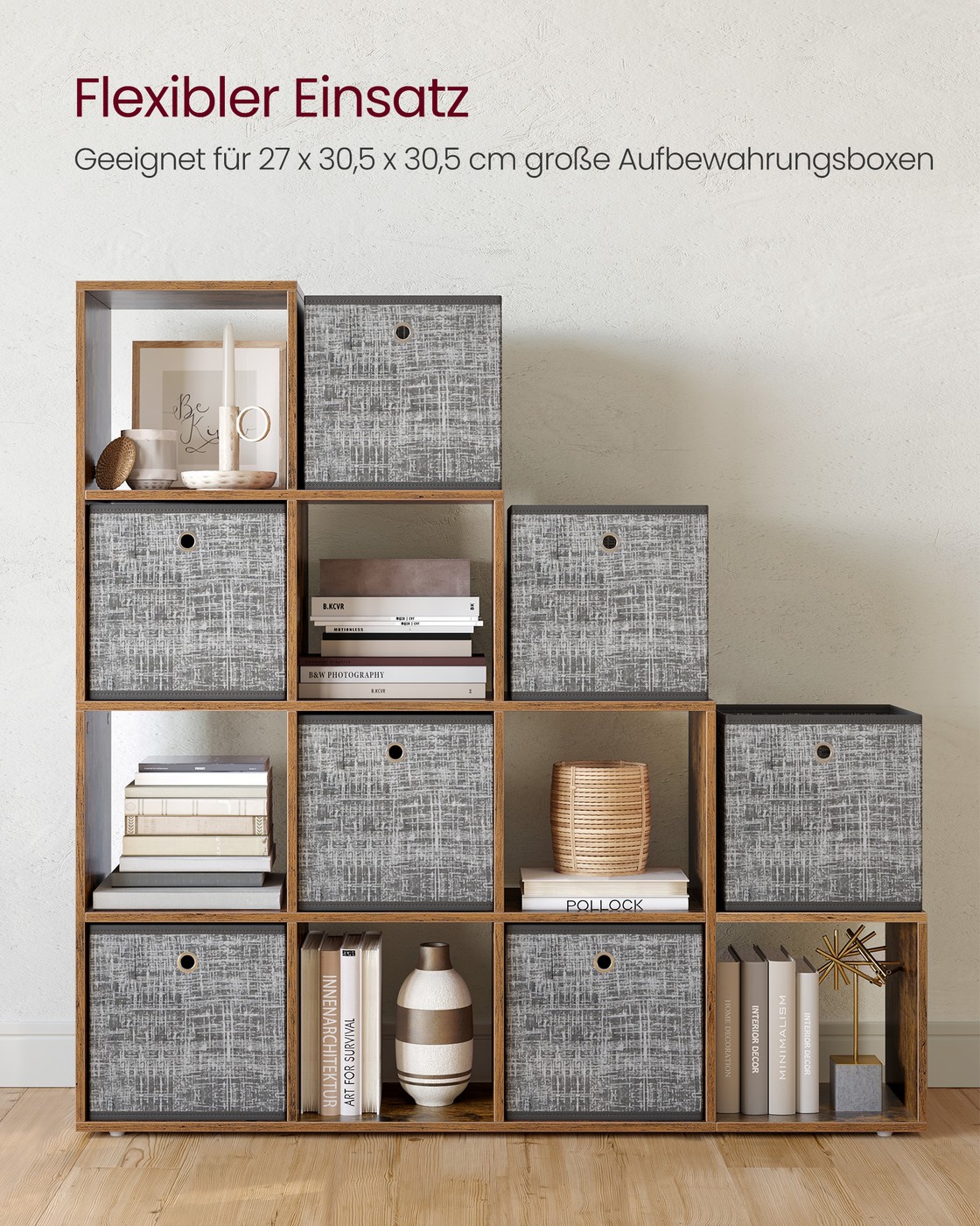 Grāmatu plaukts ar 10 nodalījumiem, kāpņu formas, skaidu plātne, vintāžas brūns, 27 x 129,5 x 129,5 cm - Image 7