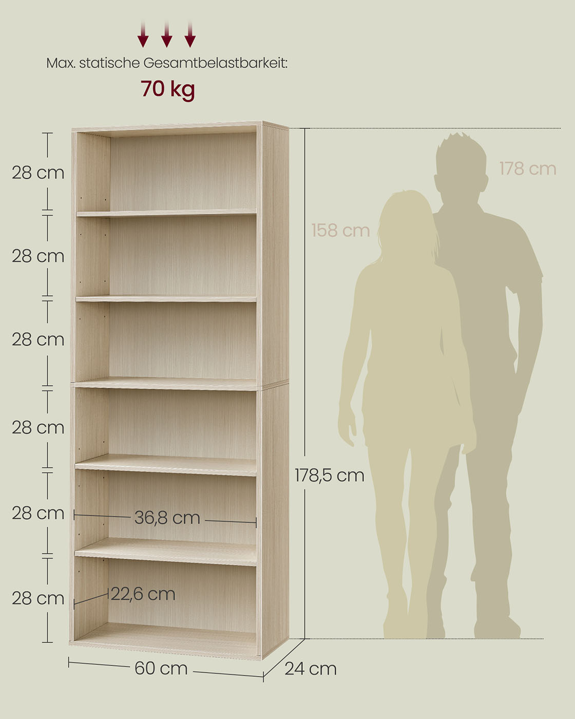 Grāmatu plaukts, 6 līmeņi, regulējami plaukti, skaidu plātne, 24 x 60 x 178,5 cm, dabīgi bēšs - Image 7