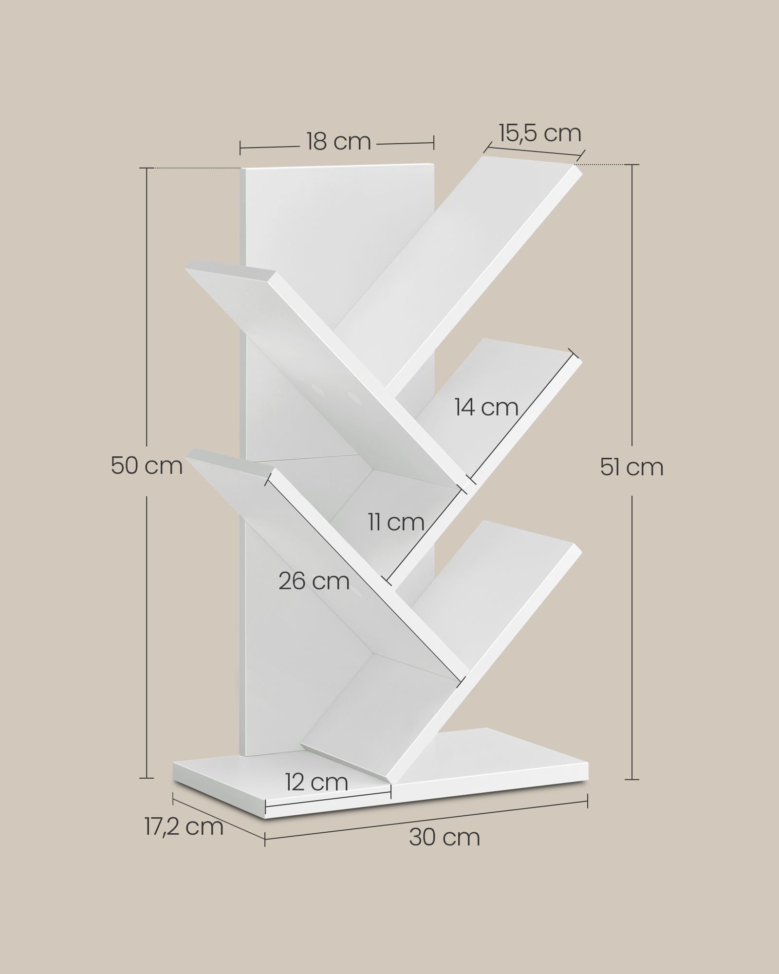 Grāmatu plaukts koka formā, vietu taupošs, mākoņbalts, 17,2 x 30 x 51 cm - Image 5