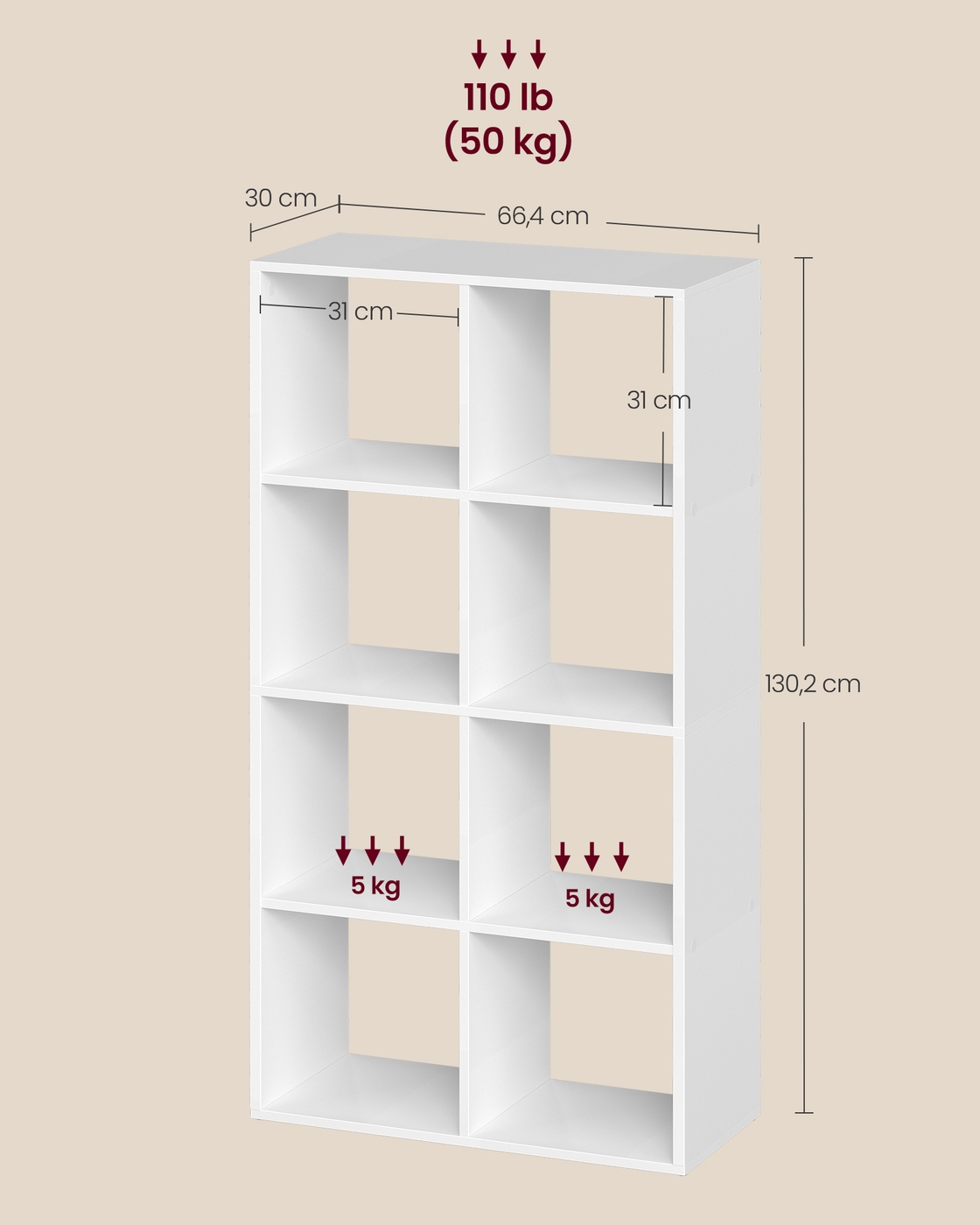 Kirjahylly 10 lokerolla, 4 tasoa, 30 x 98 x 130,2 cm, valkoinen - Image 6
