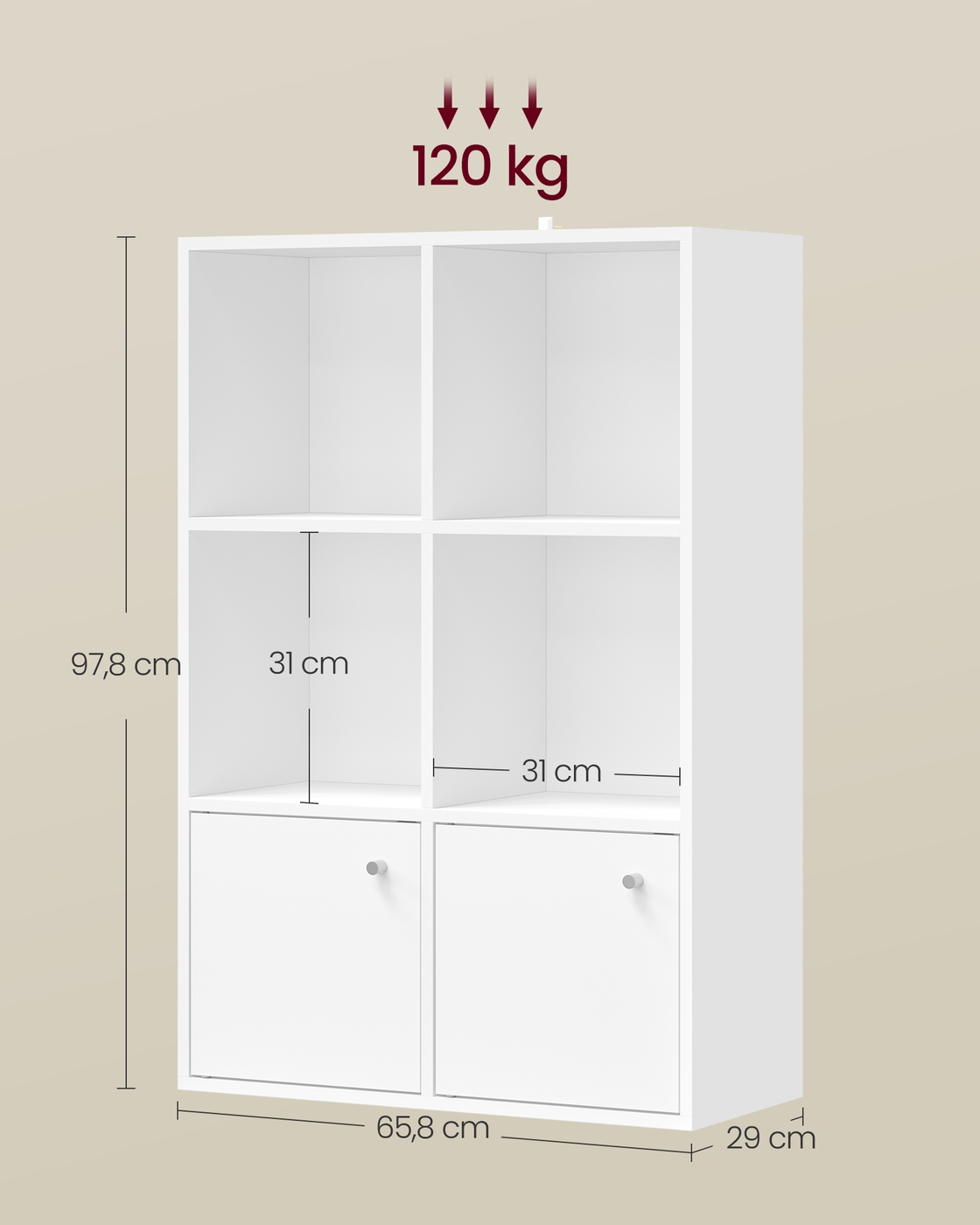 Atvira knygų lentyna, 3 lygiai, 2 skyriai su durimis, 29 x 65,8 x 97,8 cm, balta - Image 5