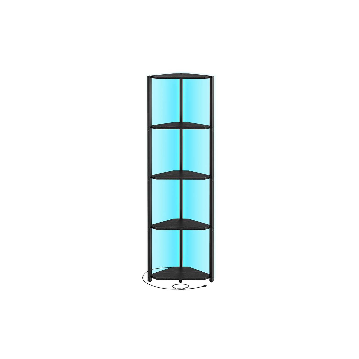 Stūra grāmatu plaukts ar 5 plauktiem, regulējamu LED apgaismojumu, 24,8 x 48 x 146,6 cm
