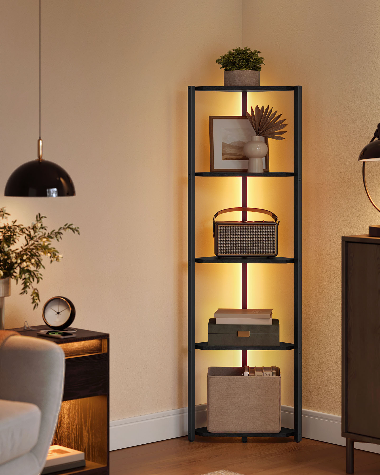 Stūra grāmatu plaukts ar 5 plauktiem, regulējamu LED apgaismojumu, 24,8 x 48 x 146,6 cm - Image 2