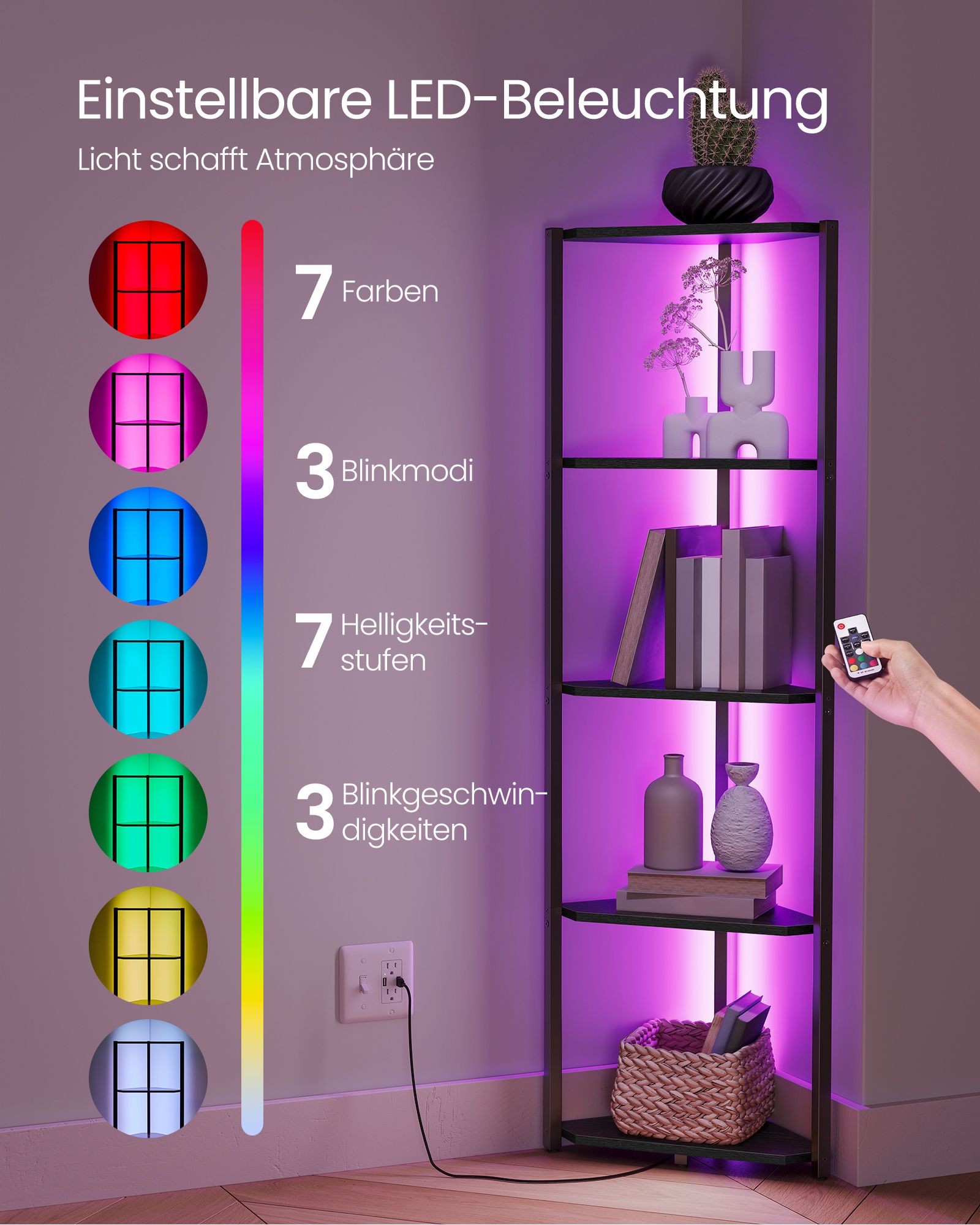 Stūra grāmatu plaukts ar 5 plauktiem, regulējamu LED apgaismojumu, 24,8 x 48 x 146,6 cm - Image 3