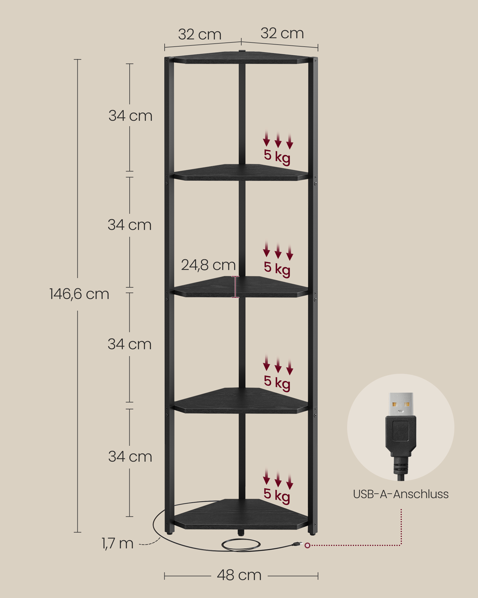 Stūra grāmatu plaukts ar 5 plauktiem, regulējamu LED apgaismojumu, 24,8 x 48 x 146,6 cm - Image 6