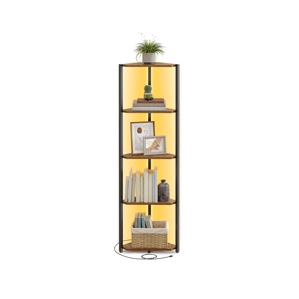 Kampinė lentyna su 5 lentynomis ir LED apšvietimu, 24,8 x 48 x 146,6 cm, ruda