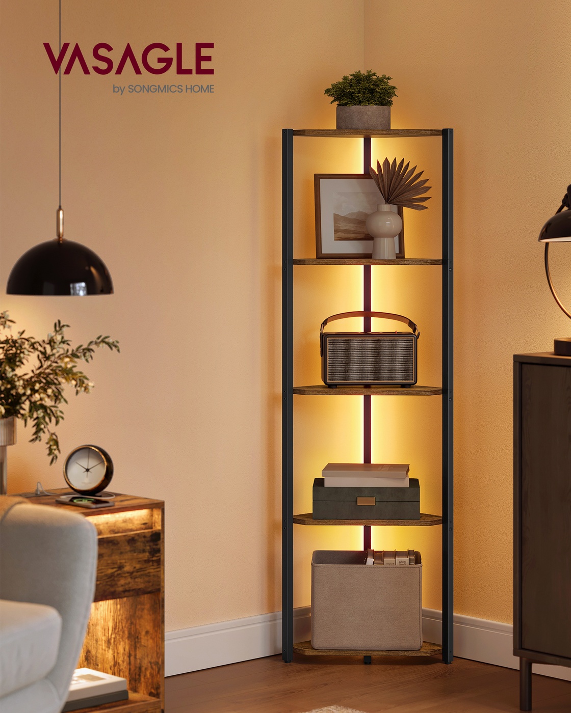 Kampinė lentyna su 5 lentynomis ir LED apšvietimu, 24,8 x 48 x 146,6 cm, ruda - Image 2