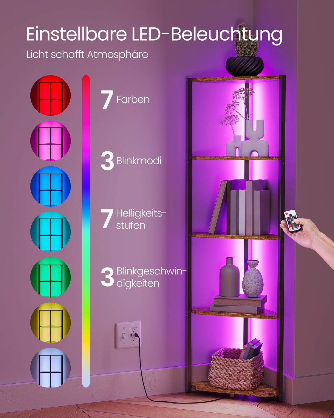 Kampinė lentyna su 5 lentynomis ir LED apšvietimu, 24,8 x 48 x 146,6 cm, ruda - Image 3