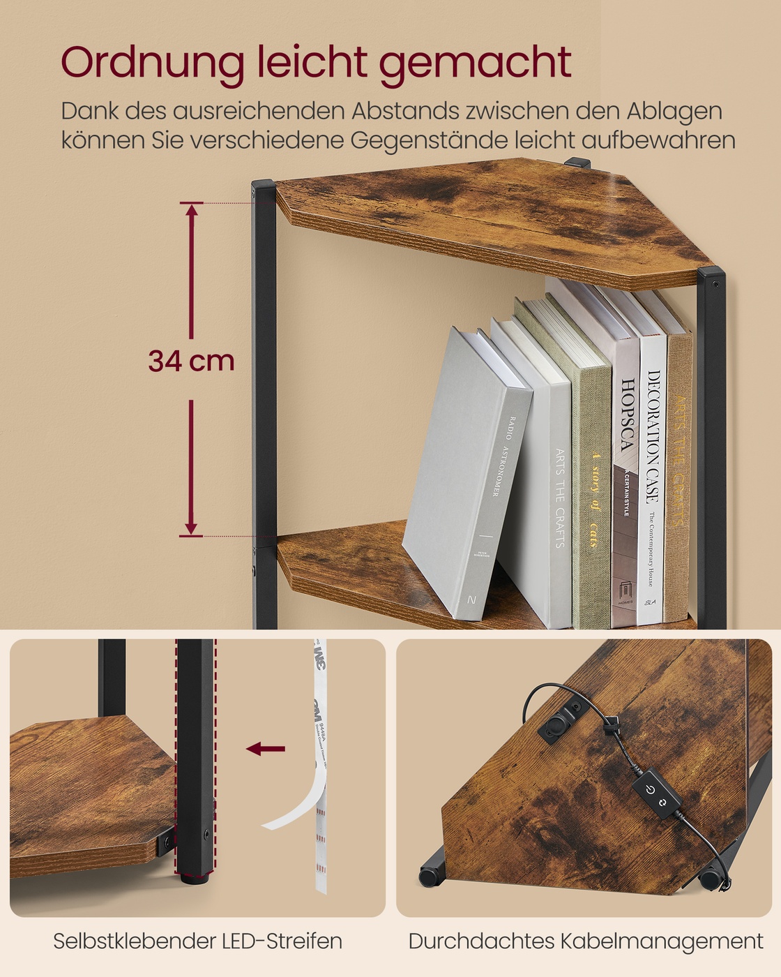 Kampinė lentyna su 5 lentynomis ir LED apšvietimu, 24,8 x 48 x 146,6 cm, ruda - Image 5