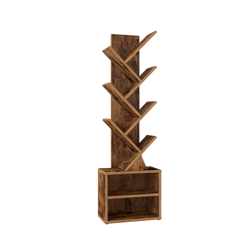 Knygų lentyna medžio formos, 20,3 x 38 x 123,2 cm, medžio drožlių plokštė, sendinta ruda