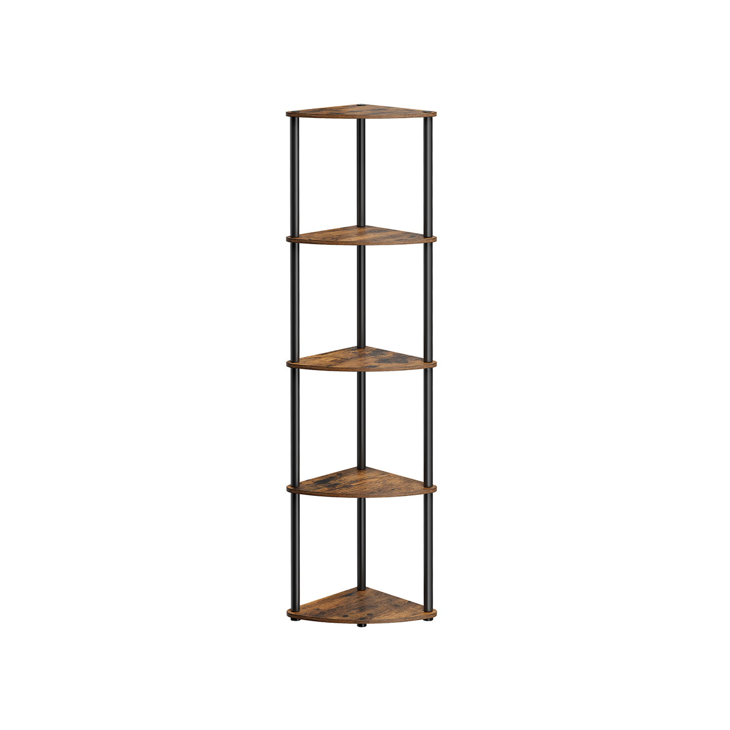 Stūra plaukts ar 5 plauktiem, 38,3 x 27 x 139 cm, skaidu plātne un tērauds, vintāžas brūns