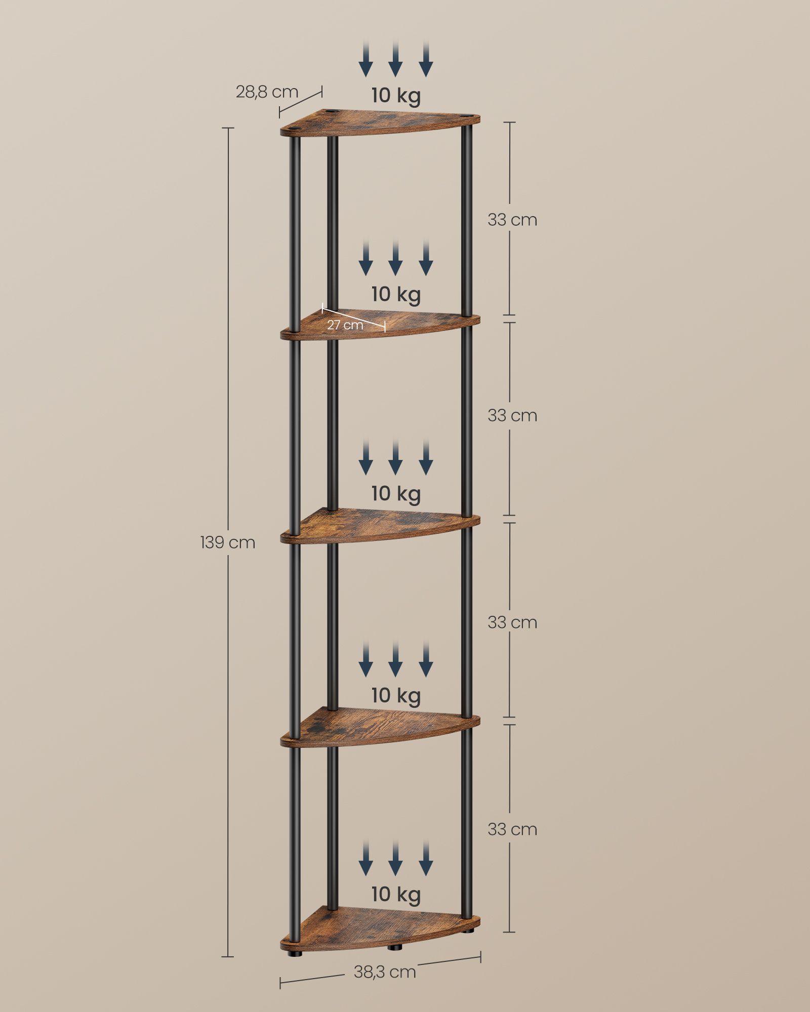 Stūra plaukts ar 5 plauktiem, 38,3 x 27 x 139 cm, skaidu plātne un tērauds, vintāžas brūns - Image 6