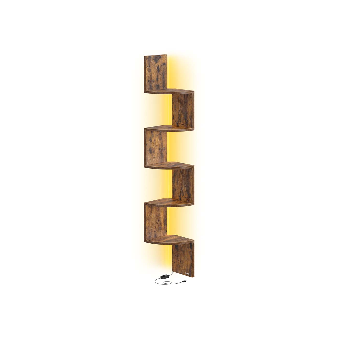 Stūra sienas plaukts ar LED apgaismojumu, 5 plaukti, skaidu plātne, 20 x 20 x 126 cm
