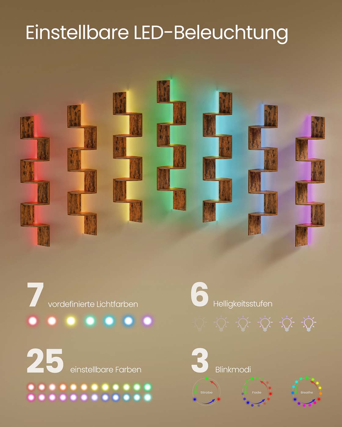 Stūra sienas plaukts ar LED apgaismojumu, 5 plaukti, skaidu plātne, 20 x 20 x 126 cm - Image 3