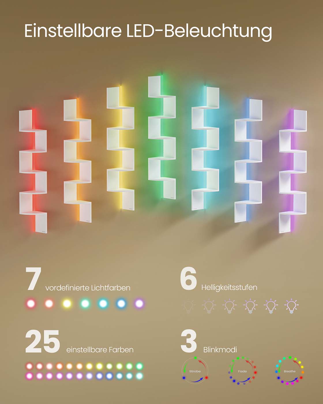 Stūra sienas plaukts ar LED apgaismojumu, 5 plaukti, skaidu plātne, matēti balts, 20 x 20 x 126 cm - Image 3