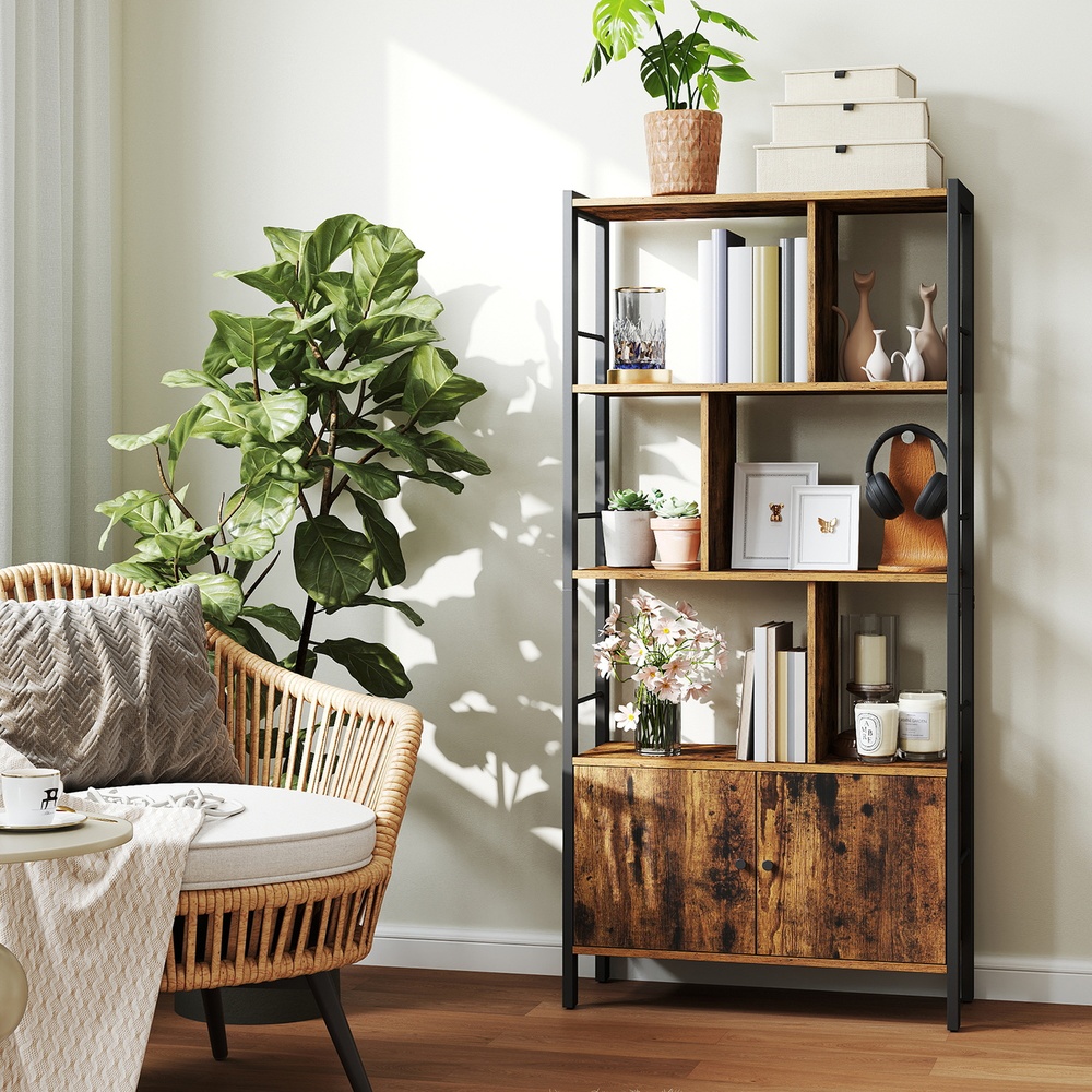 Kirjahylly 4 avohyllytasolla, 30 x 74 x 154,5 cm, ruskea-musta - Image 2