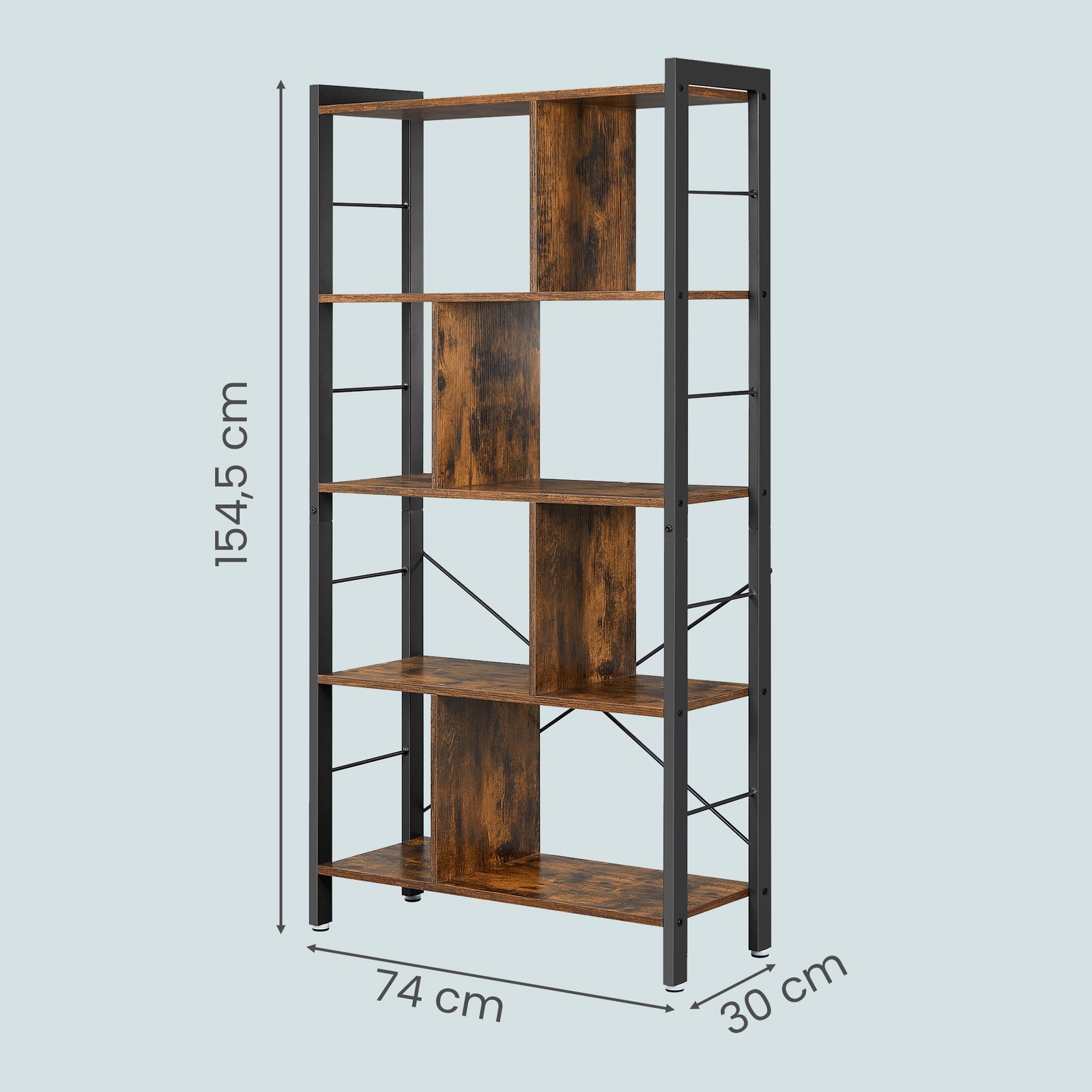 Kirjahylly, 5 tasoa, 74 x 30 x 154,5 cm, lastulevyä ja terästä - Image 3