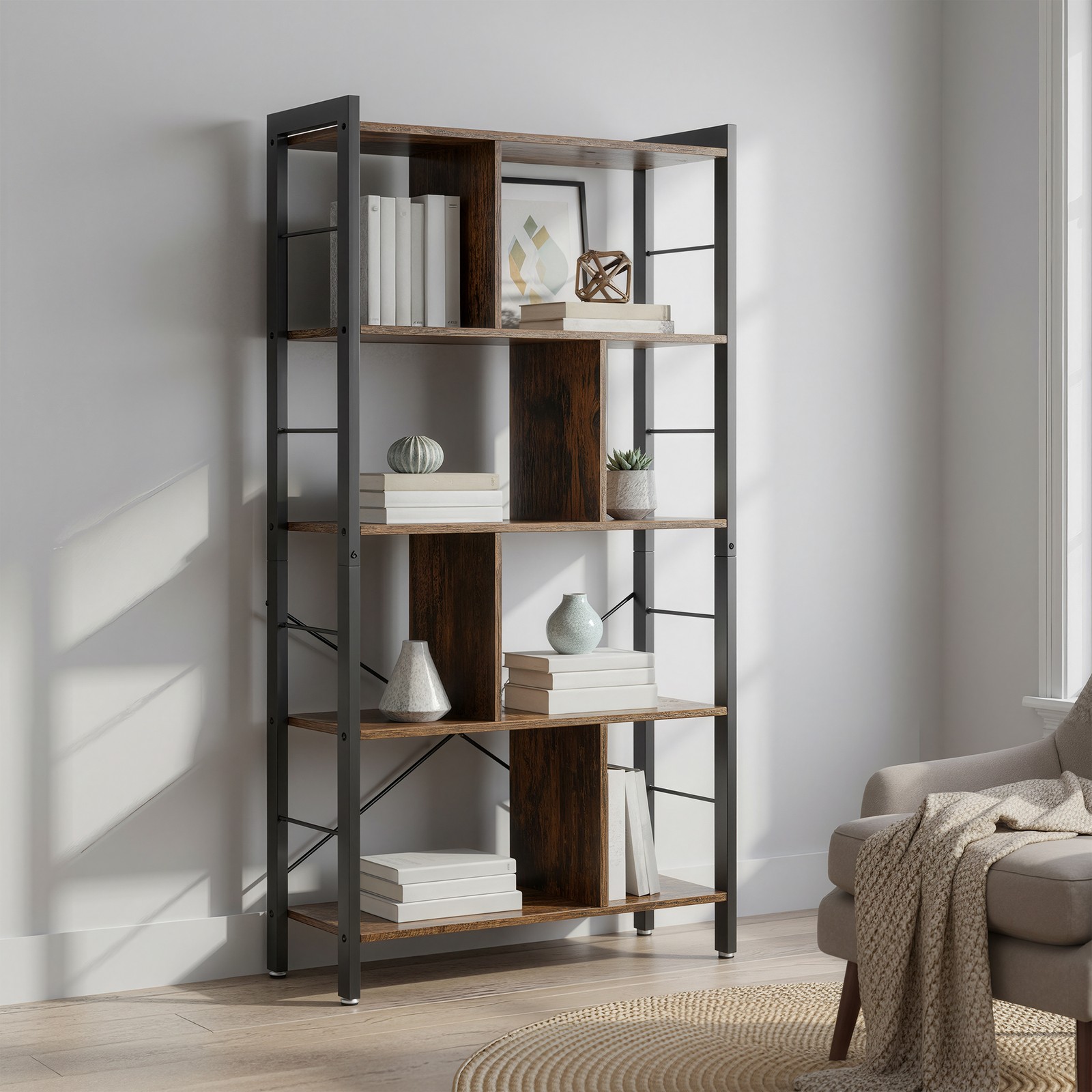 Kirjahylly, 5 tasoa, 74 x 30 x 154,5 cm, lastulevyä ja terästä - Image 4