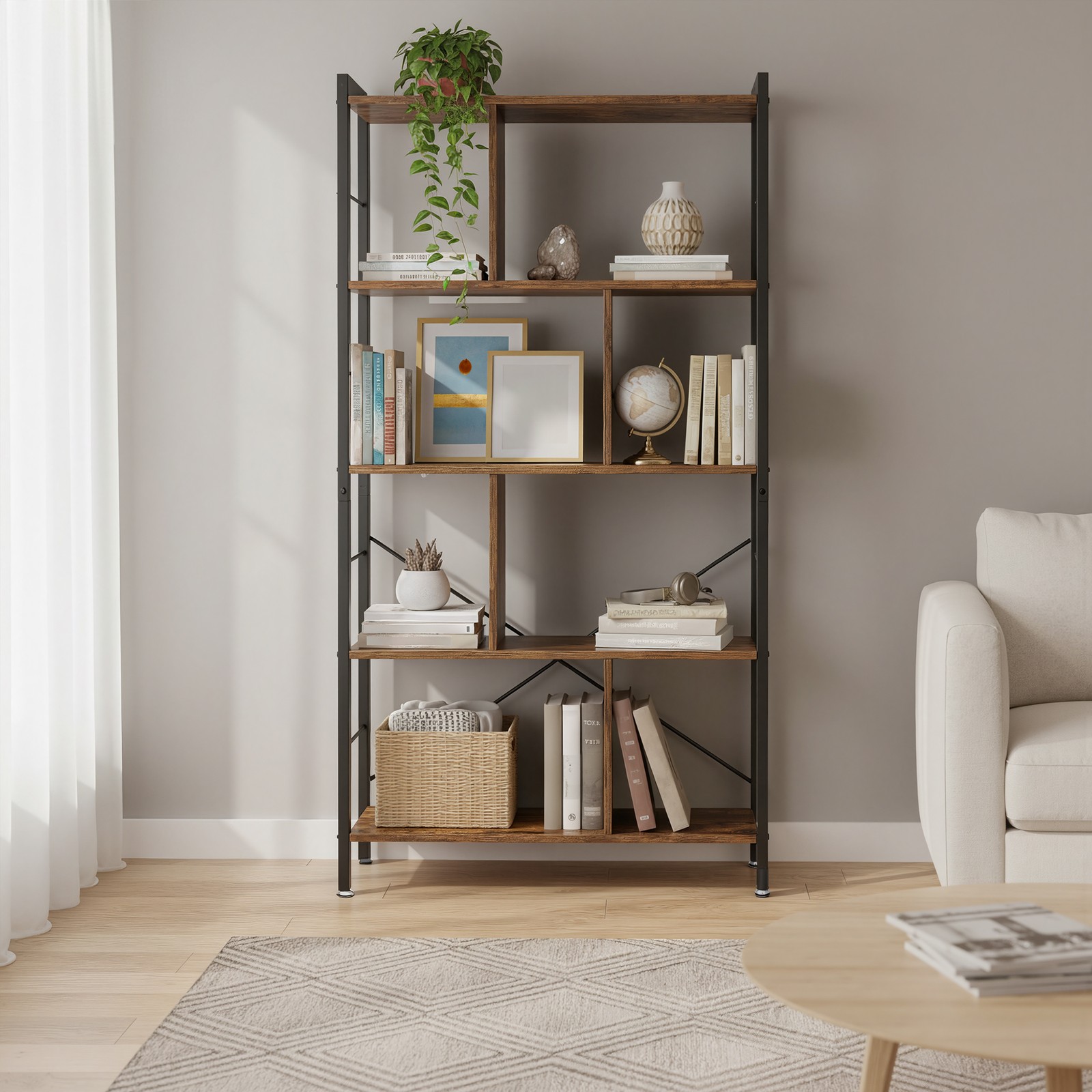 Kirjahylly, 5 tasoa, 74 x 30 x 154,5 cm, lastulevyä ja terästä - Image 5