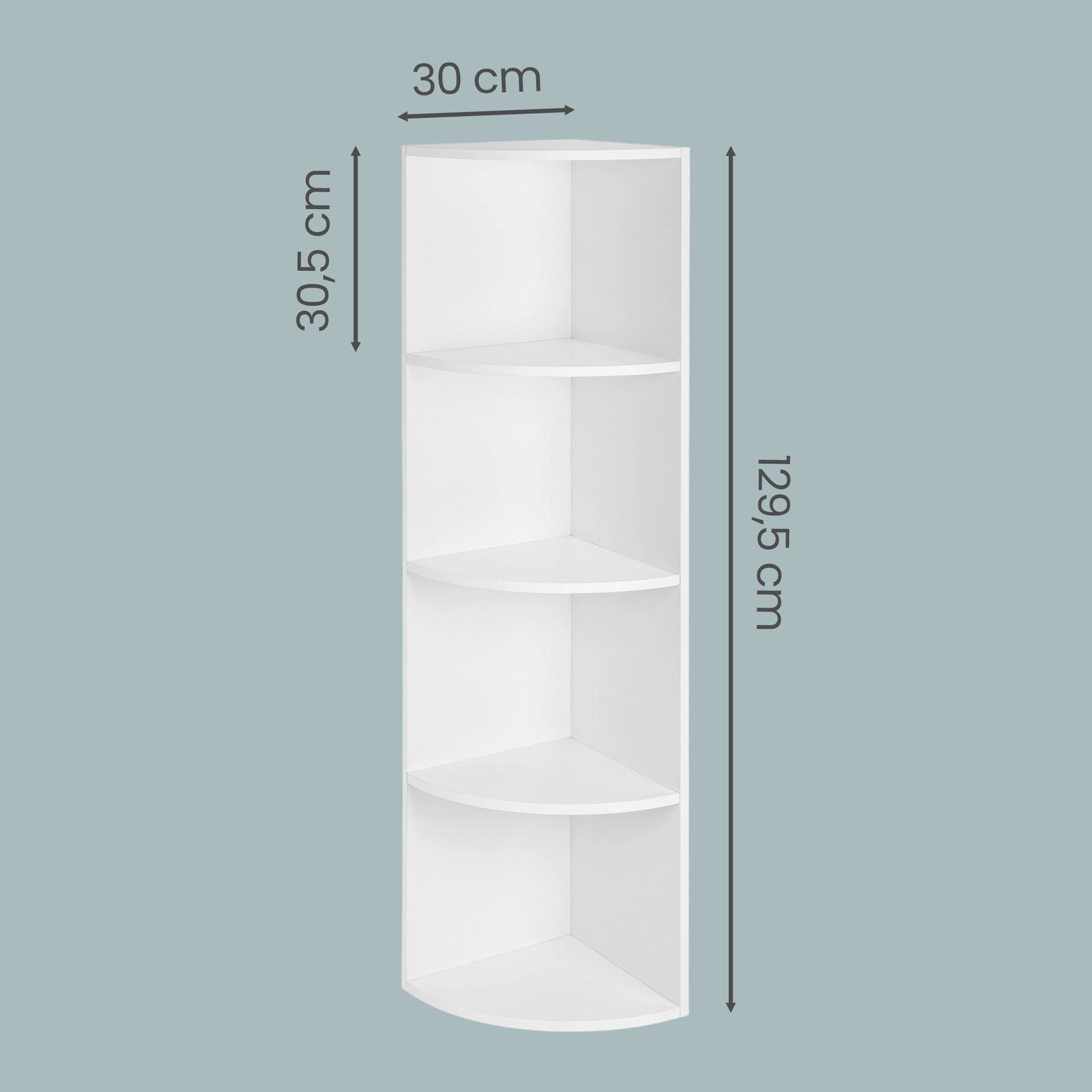 Kulmahylly, 4-tasoinen, valkoinen, lastulevyä melamiinipinnoitteella, 30 x 129,5 x 30 cm - Image 3
