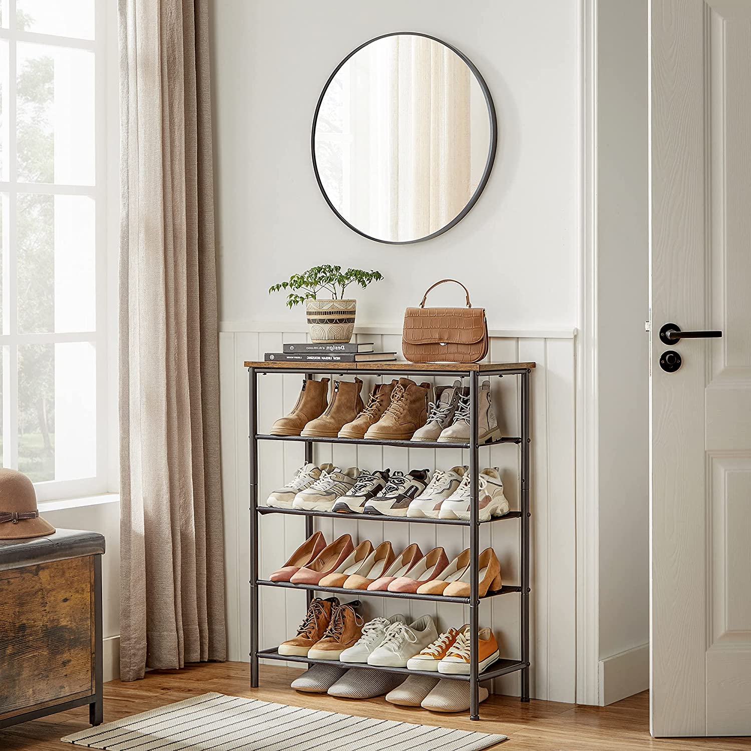 Batų lentyna, 5 aukštų, 75 x 30 x 91 cm, su 4 poliesterio audinio lentynomis, ruda-juoda - Image 3