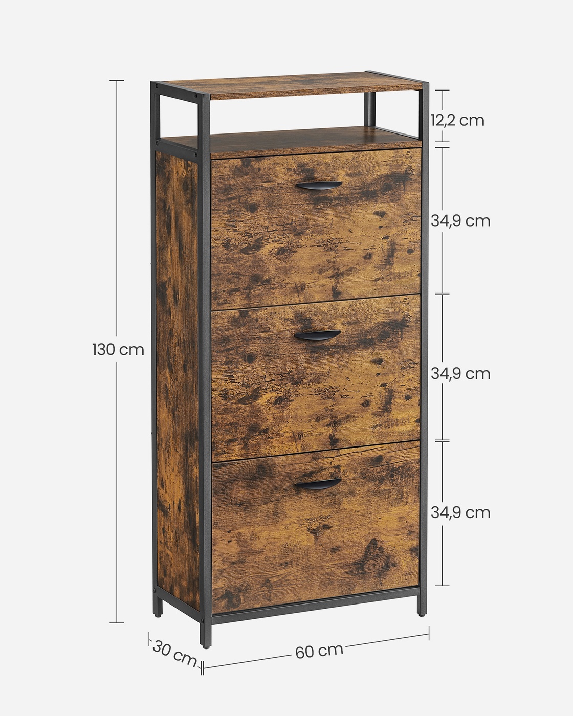 Kenkäkaappi 3 läpällä, 30 x 60 x 130 cm, vintage ruskea-musta - Image 6