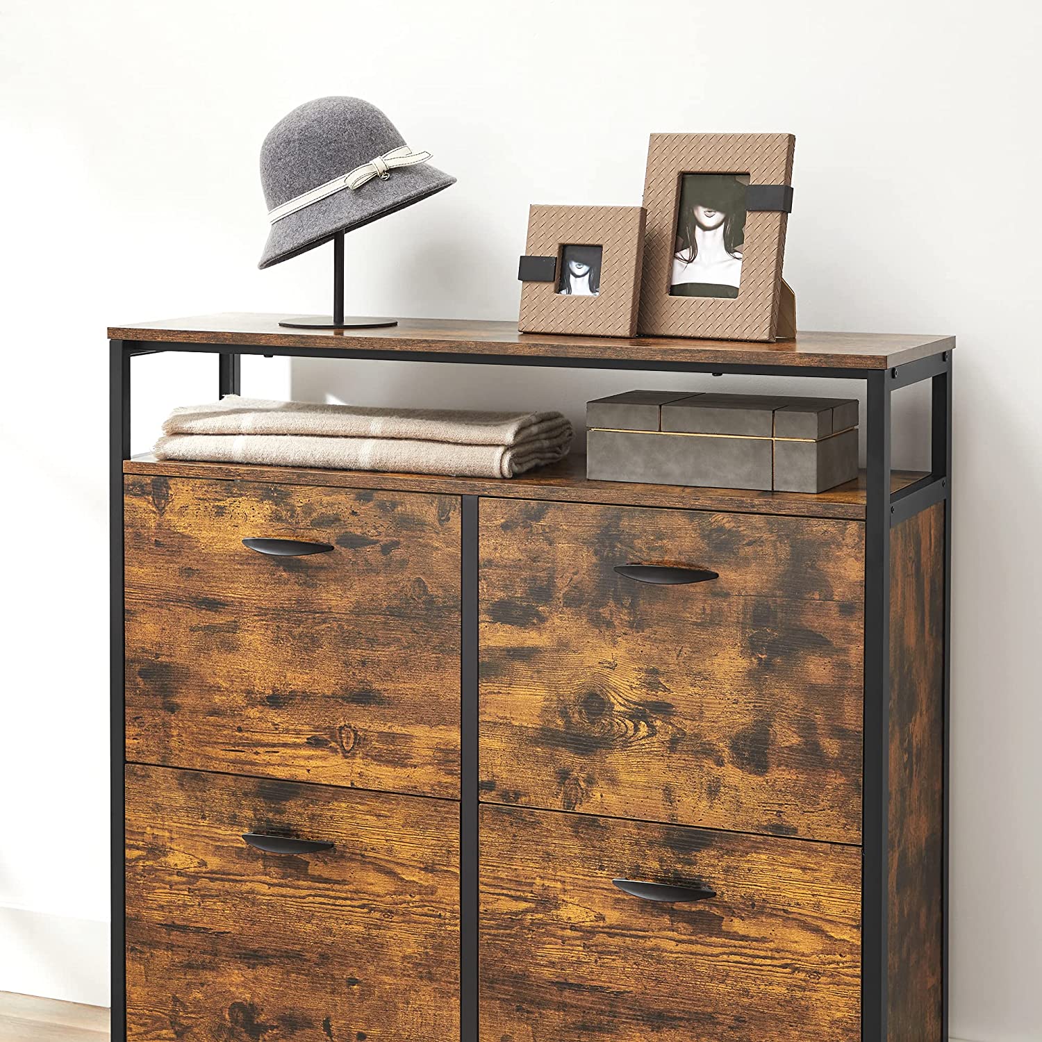 Batų spintelė su 4 atverčiamais skyriais, 98,3 x 30 x 95 cm, ruda–juoda - Image 5