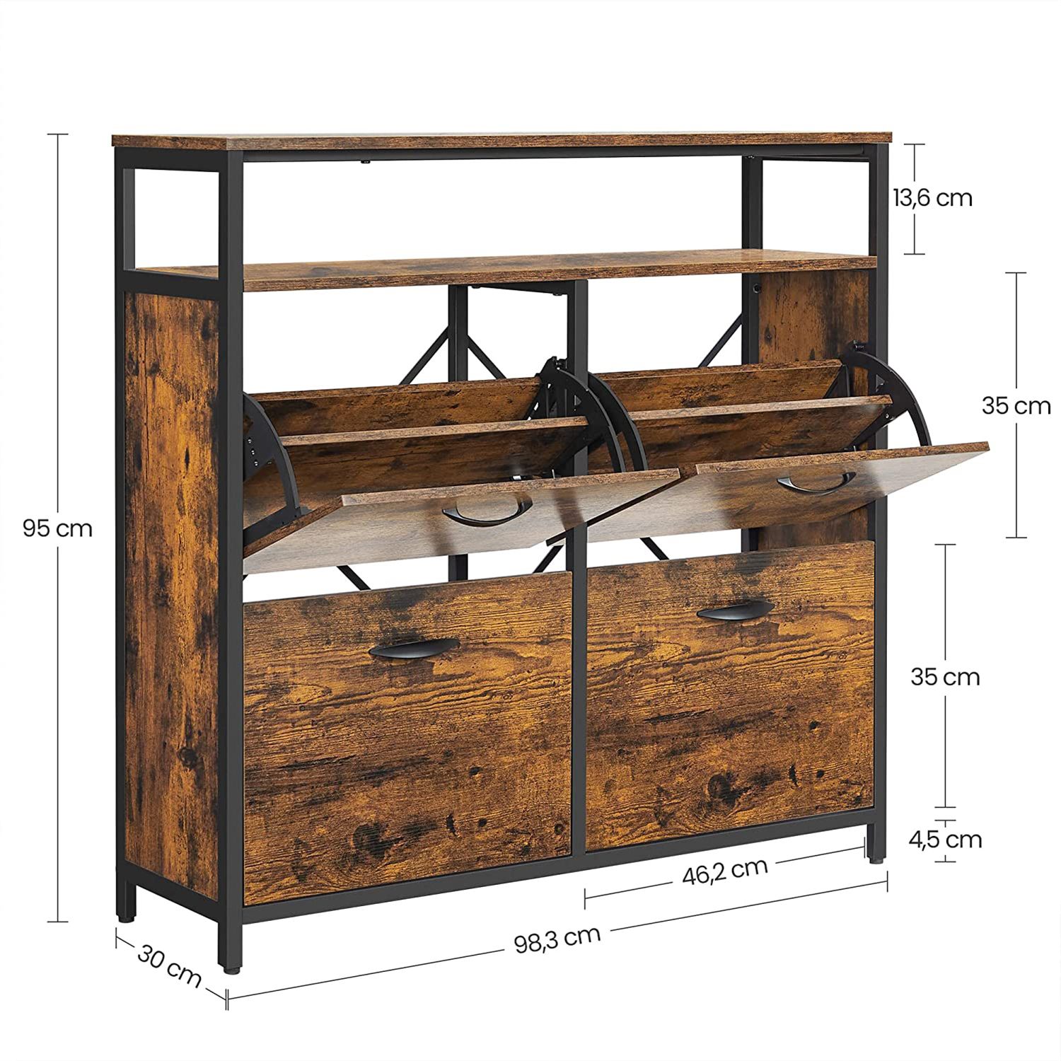 Batų spintelė su 4 atverčiamais skyriais, 98,3 x 30 x 95 cm, ruda–juoda - Image 9