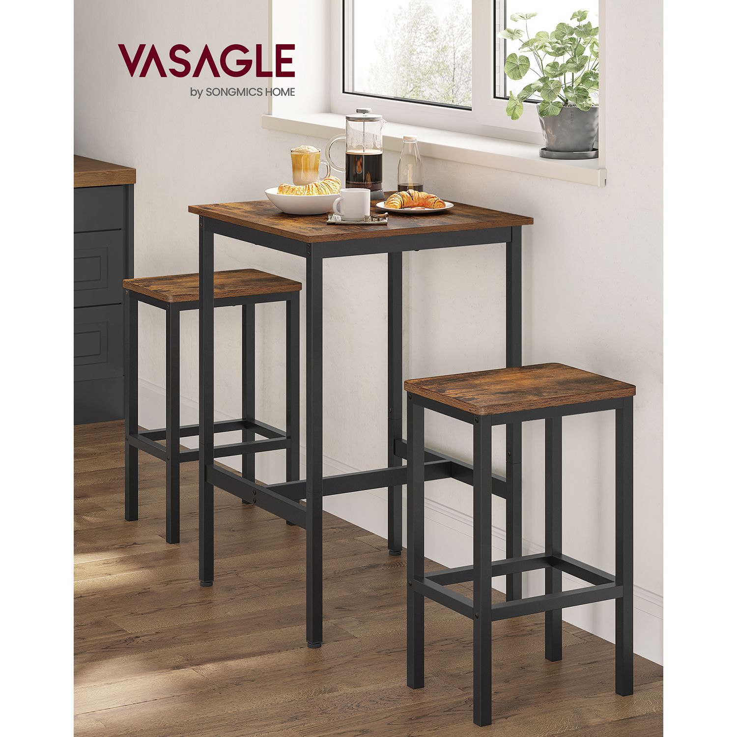 Bāra galda un 2 krēslu komplekts, 60 x 60 x 90 cm, industriāls stils, brūns-melns - Image 2