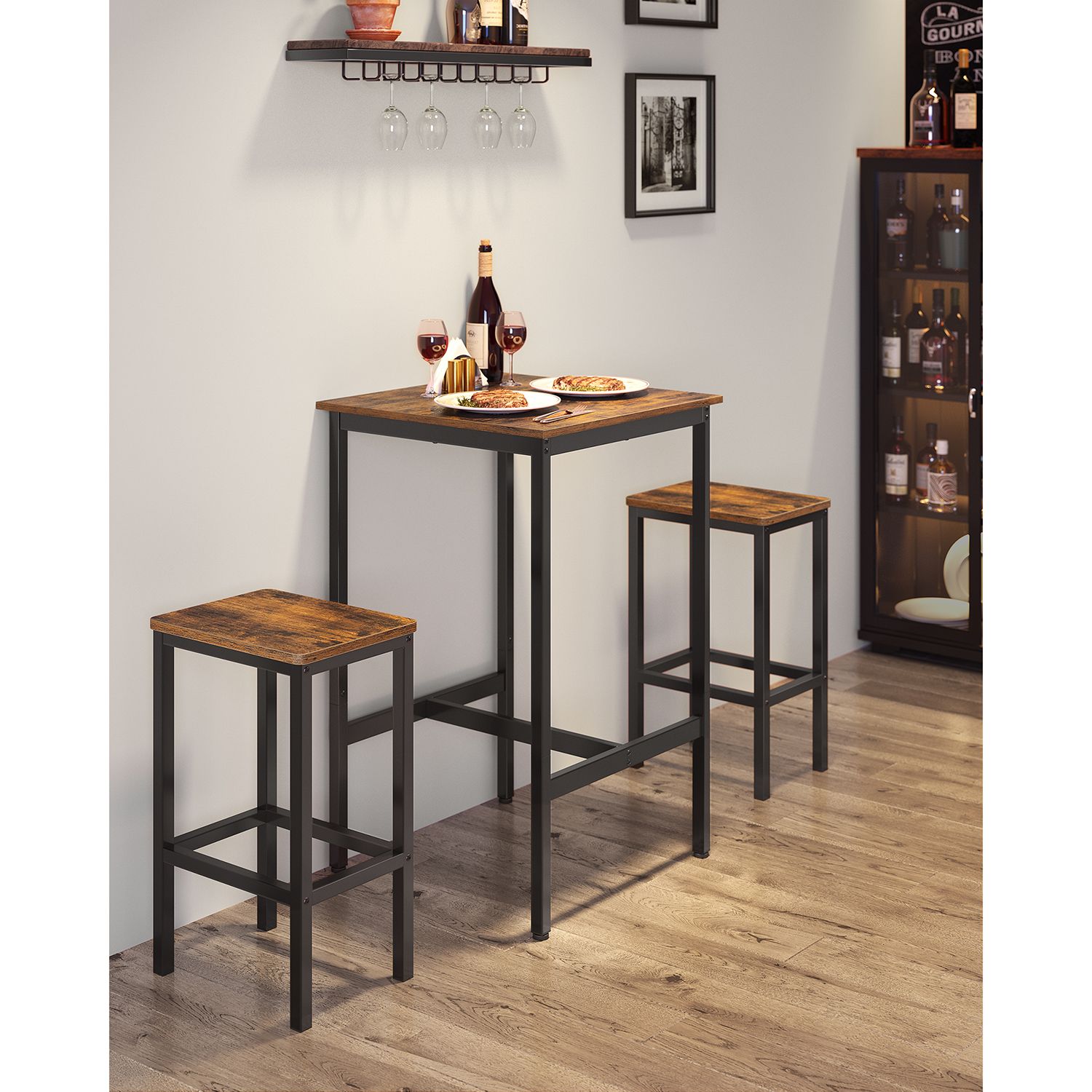 Bāra galda un 2 krēslu komplekts, 60 x 60 x 90 cm, industriāls stils, brūns-melns - Image 3